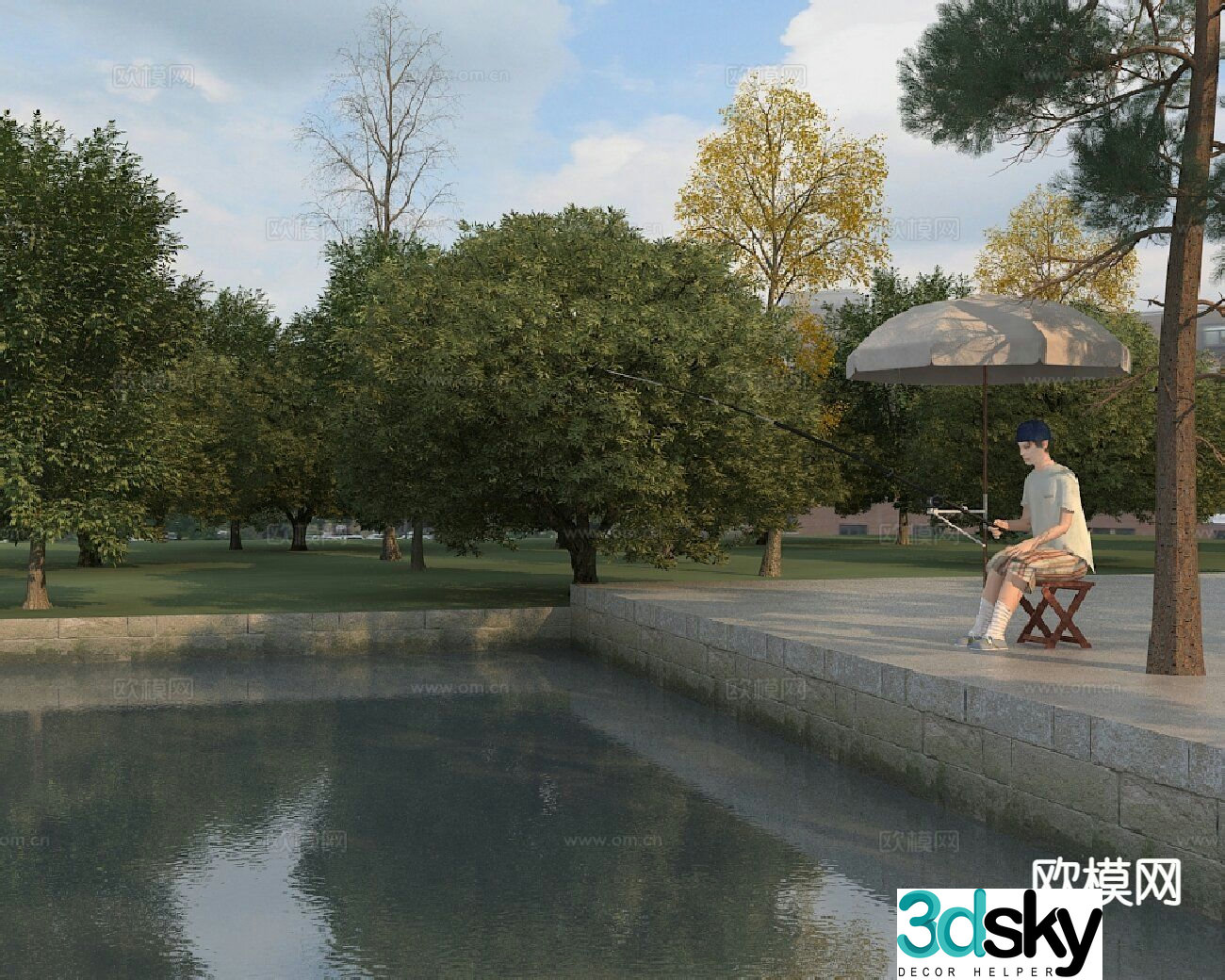 Garden landscape fishing scene 3d model