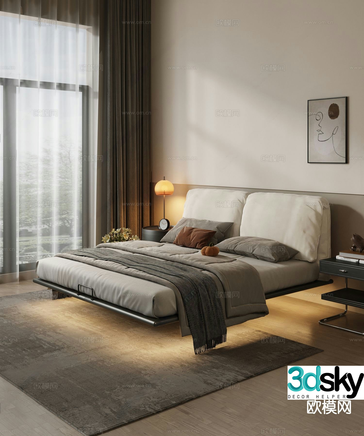 Modern suspended bed double bed 3d model