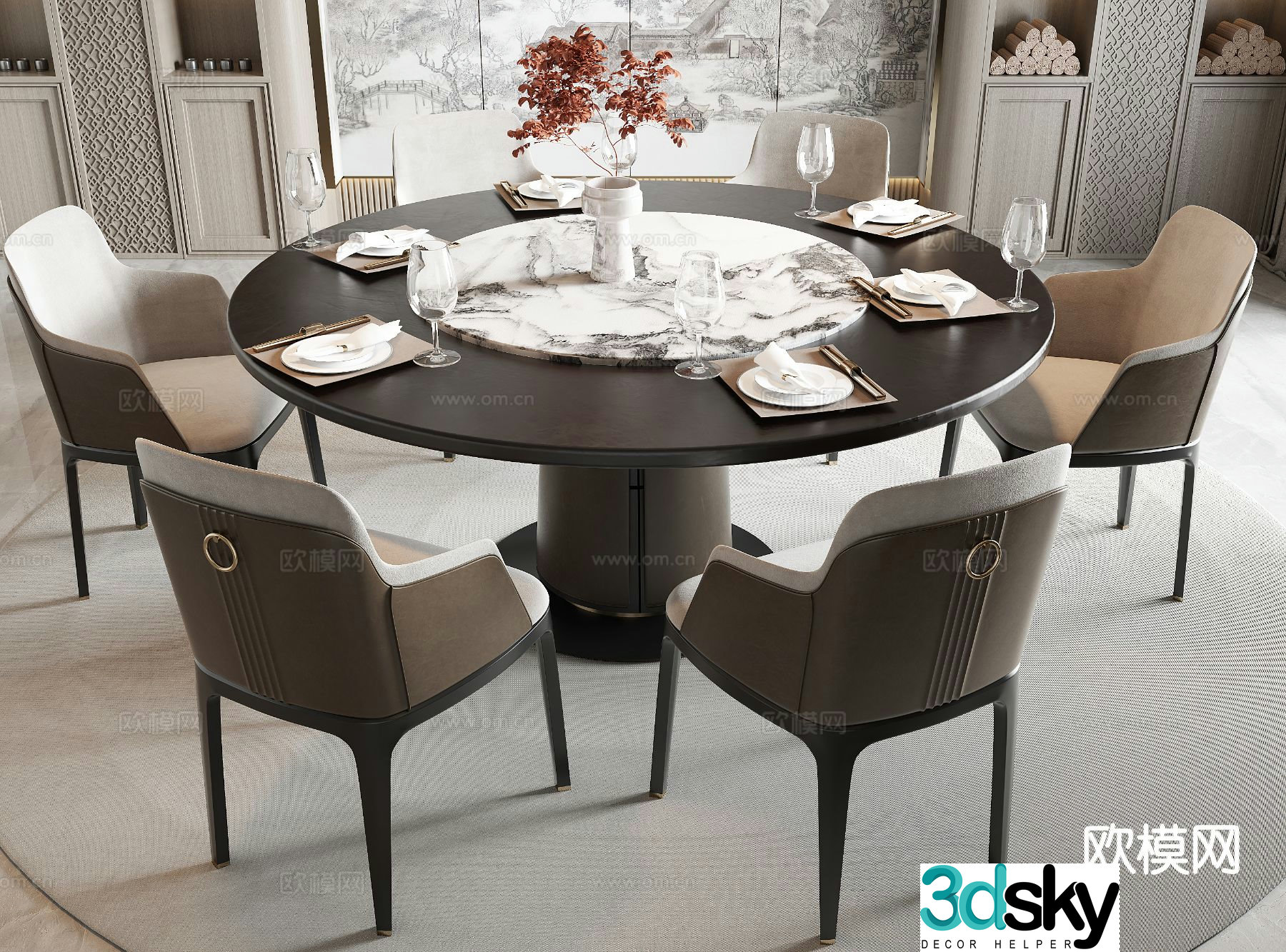 New Chinese style dining table and chairs round table 3d model
