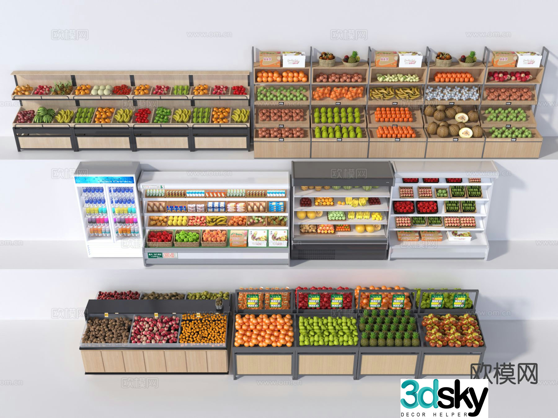 Fruit shop shelves fruit shop freezer fruit shop island 3D model