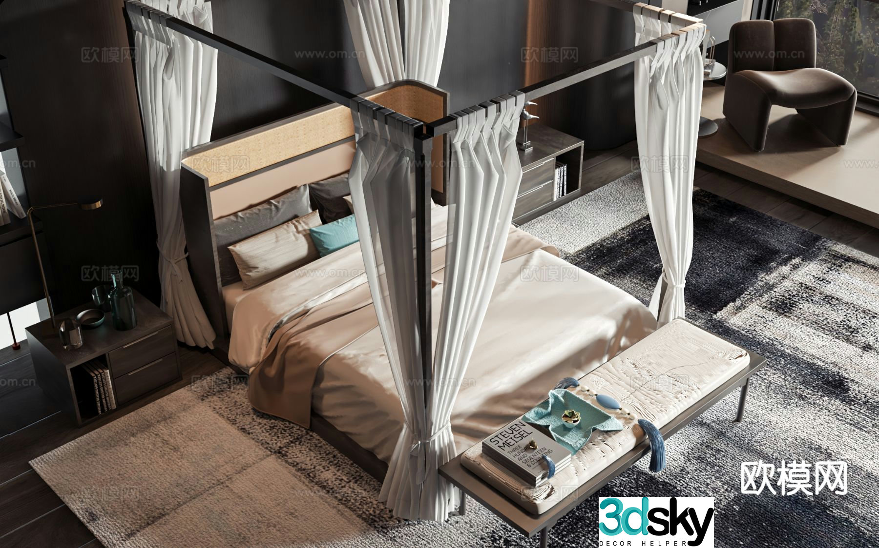 New Chinese style double bed 3d model