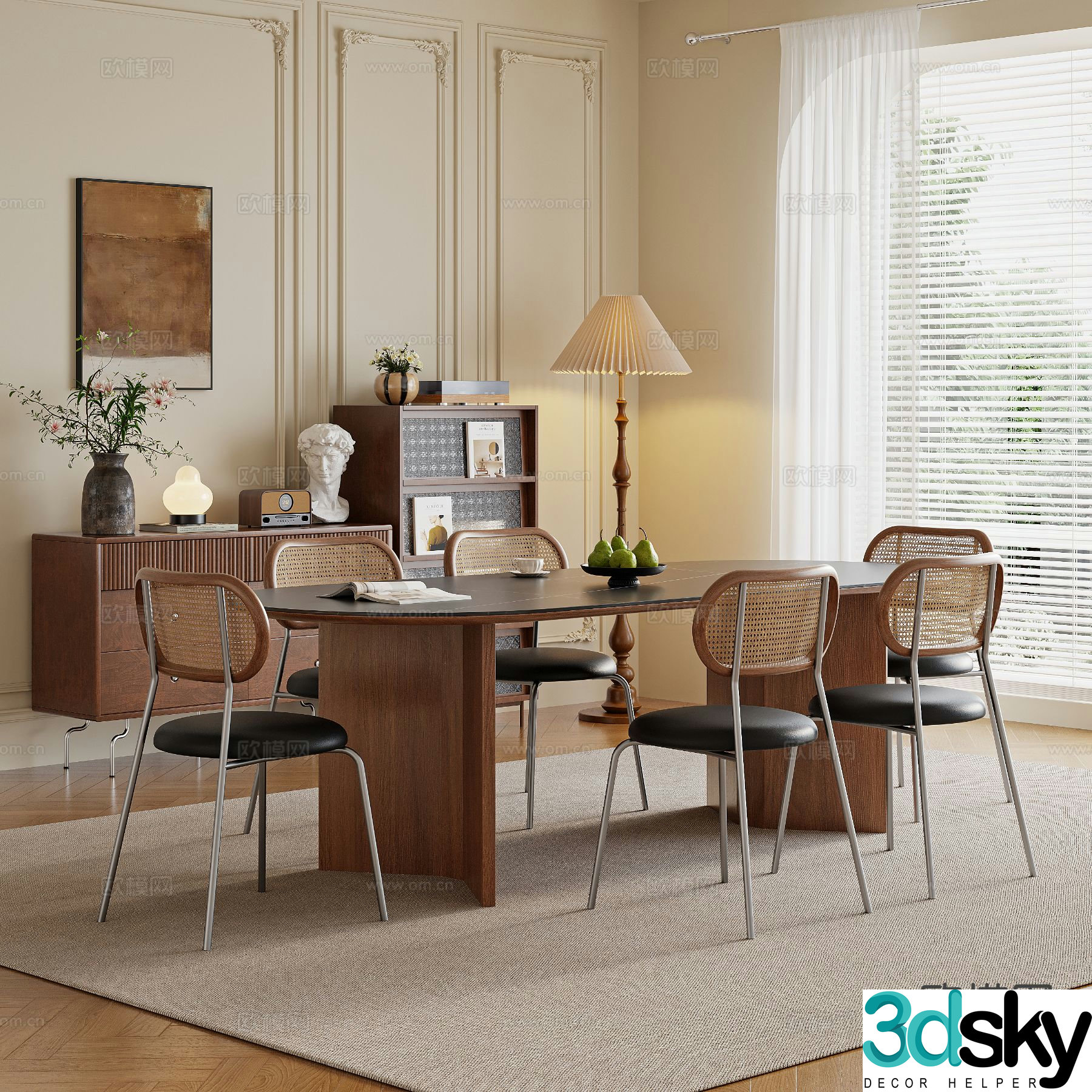 Medieval style oval dining table and chairs 3D model