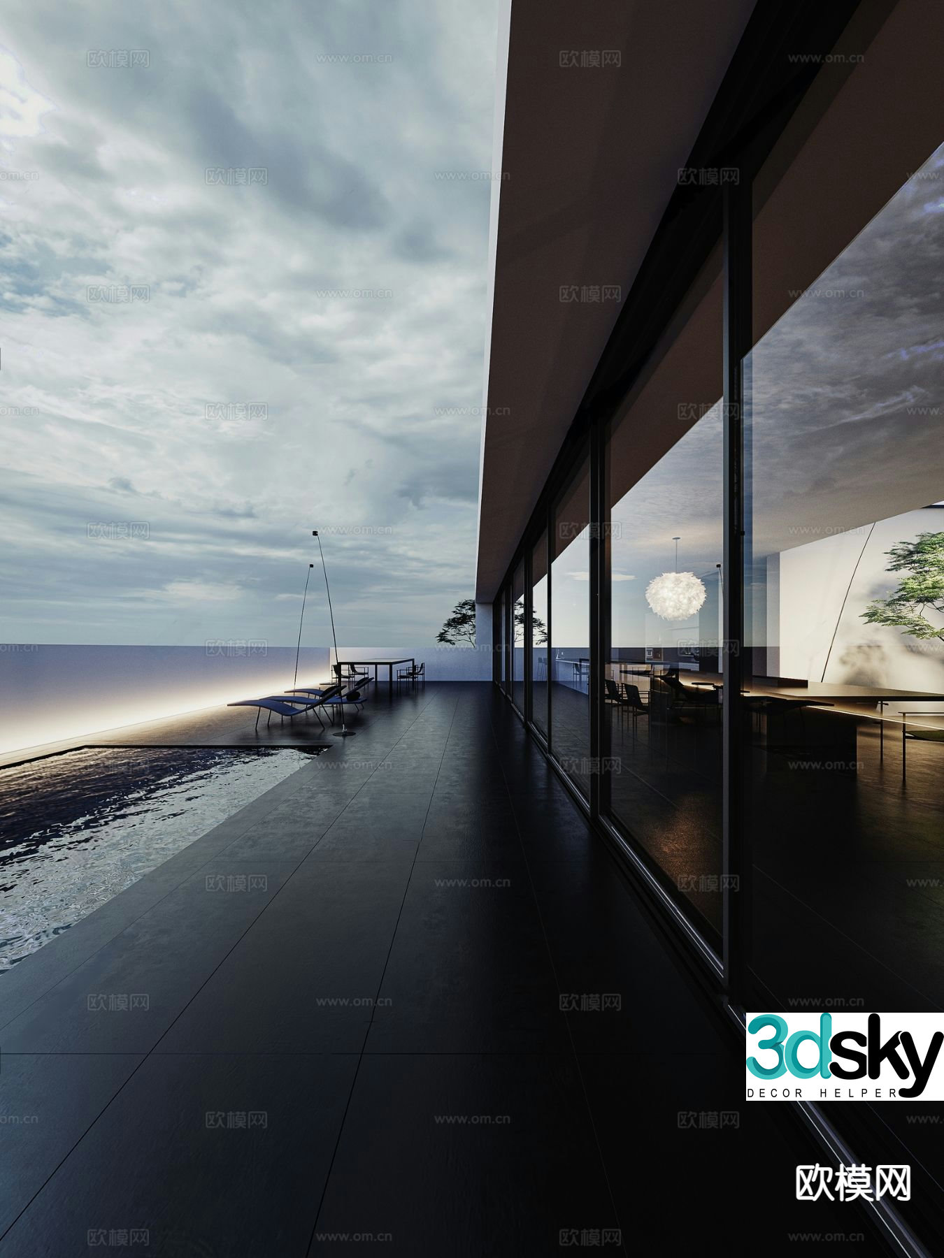 Villa courtyard landscape night scene 3d model