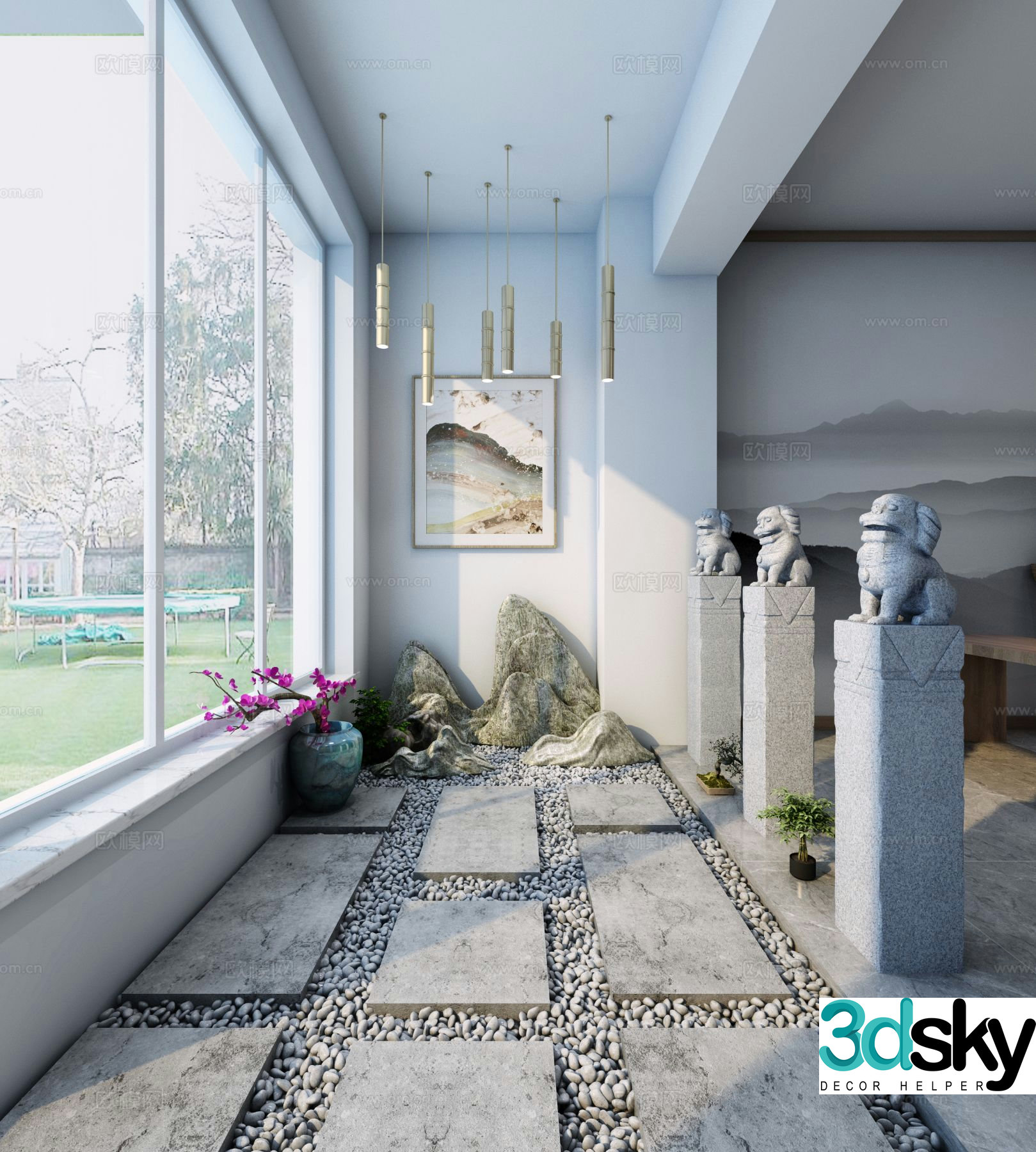 New Chinese style balcony dry landscape 3D model