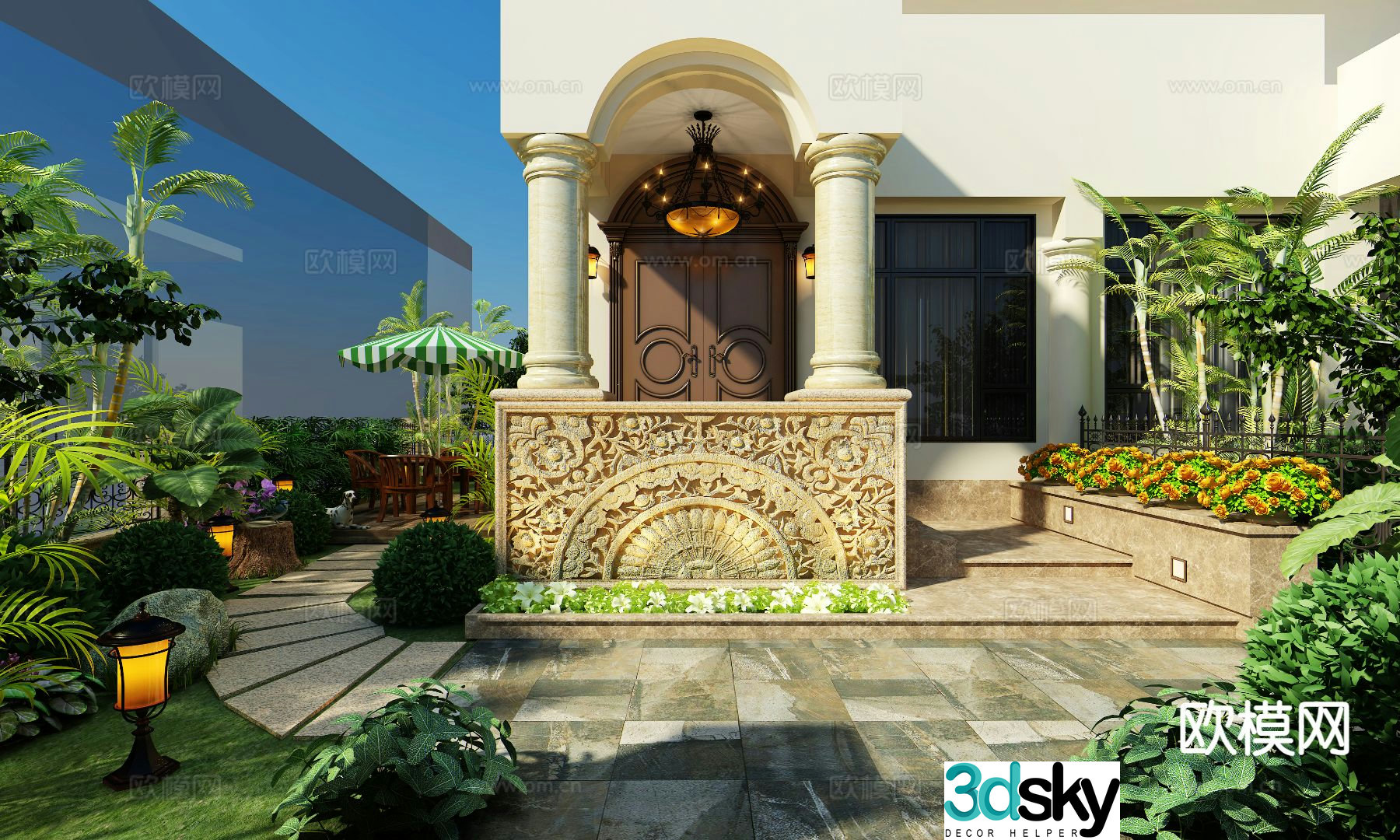 European style villa entrance garden courtyard landscape 3D model