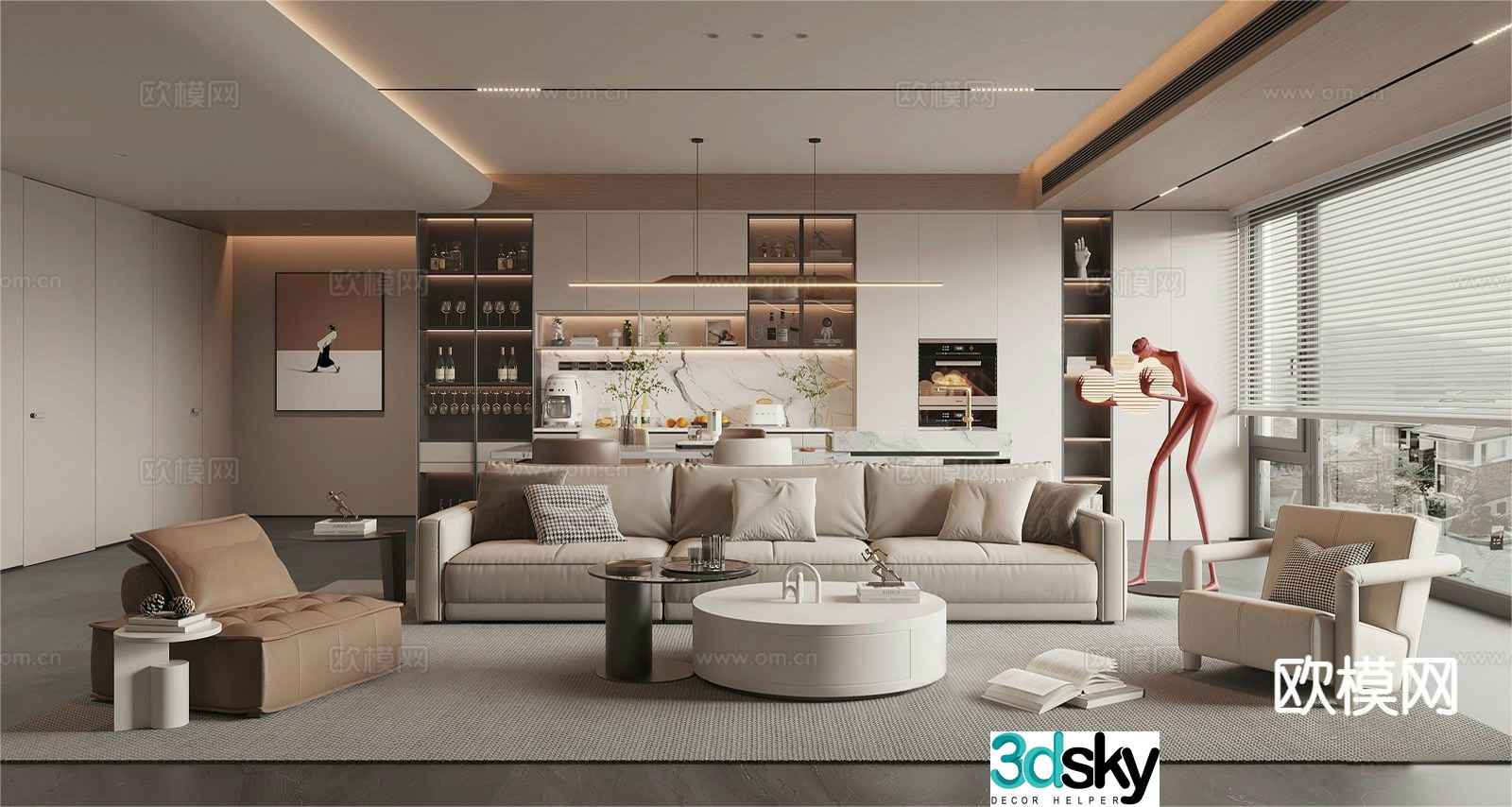 Modern living and dining room 3d model