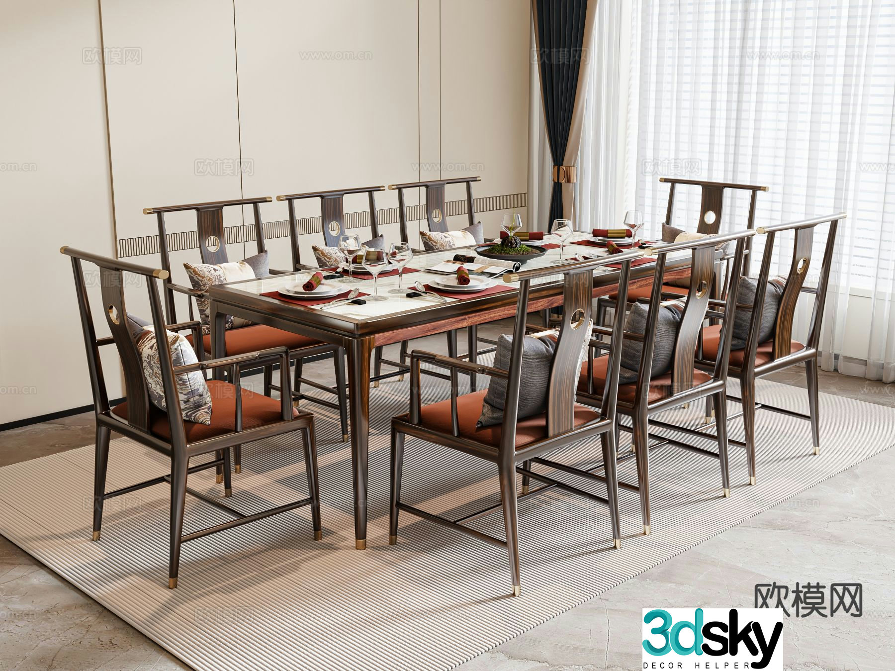 New Chinese dining table and chairs 3d model