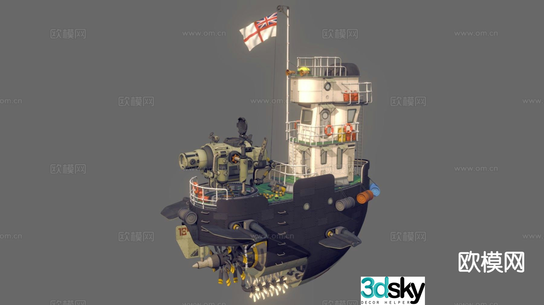 military ship diesel airboat gunboat 3d model