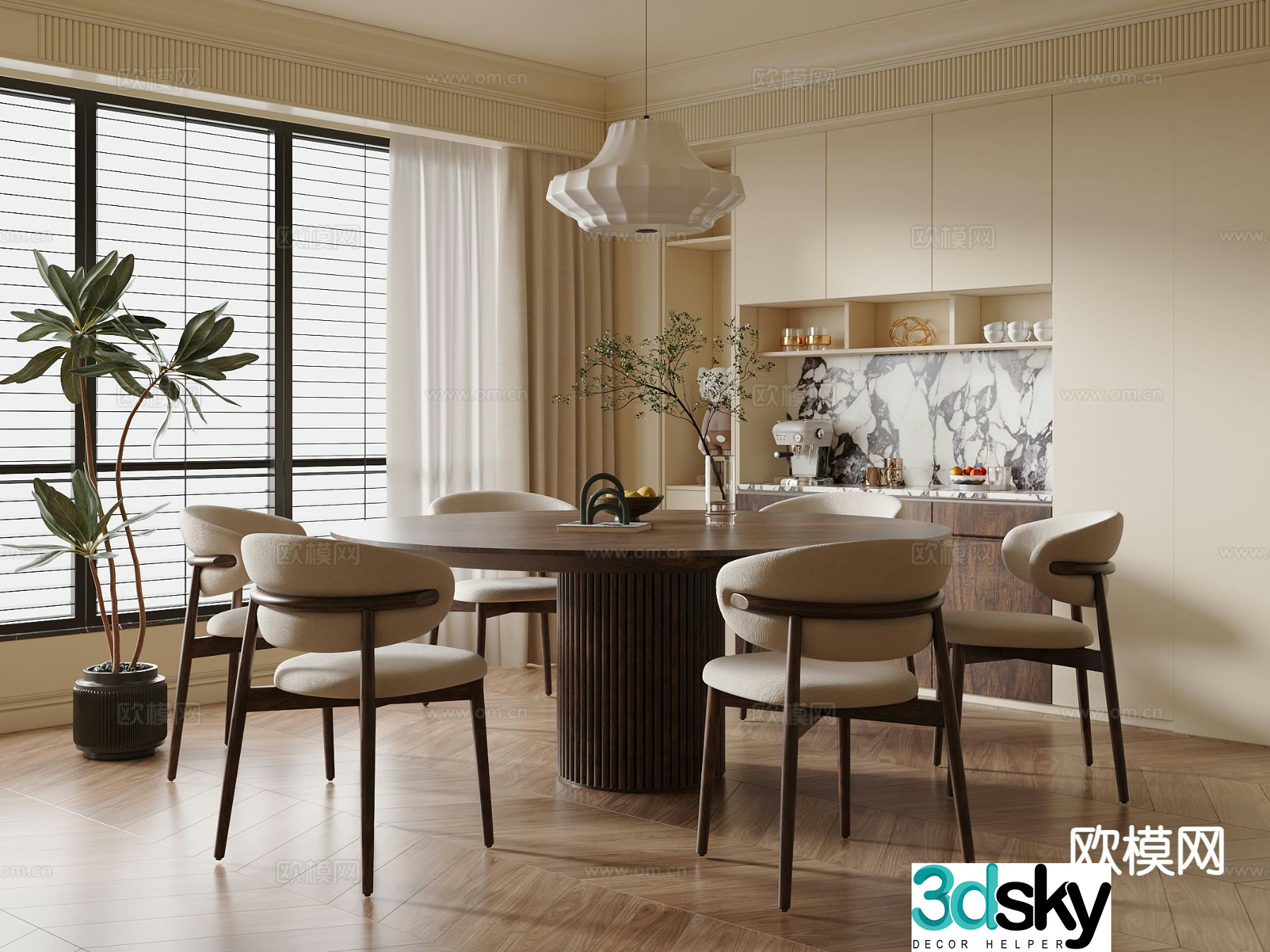 Medium style dining table and chairs round dining table 3D model