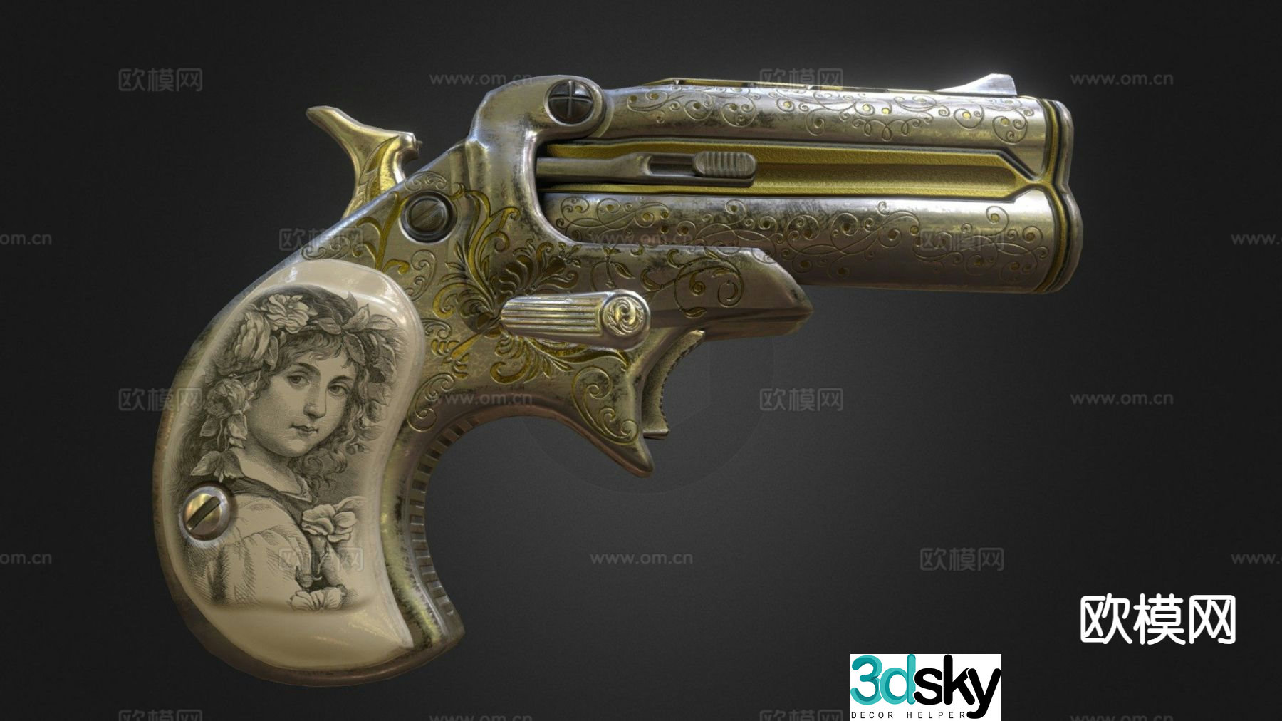 Military equipment double barrel pistol 3d model