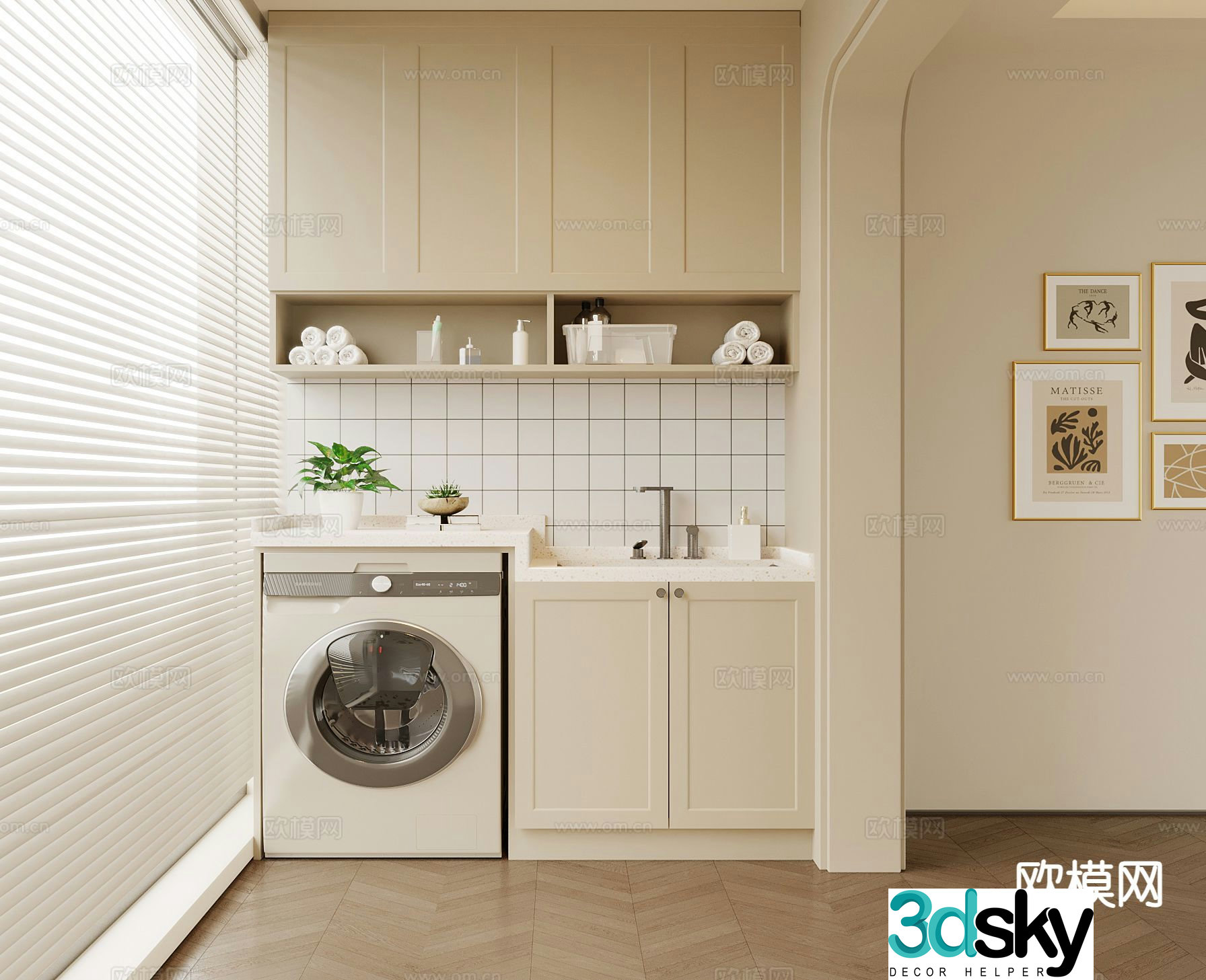 Cream style balcony cabinet laundry cabinet 3D model