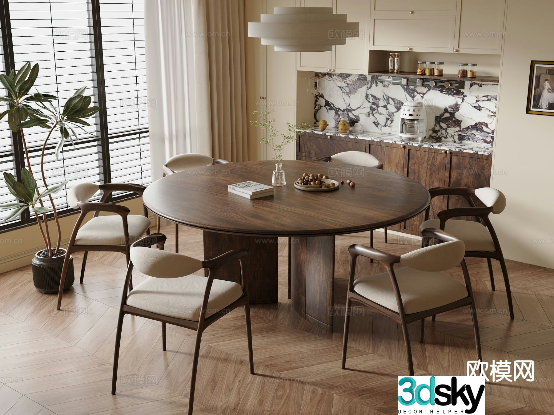 Medieval style dining table and chairs round dining table 3D model