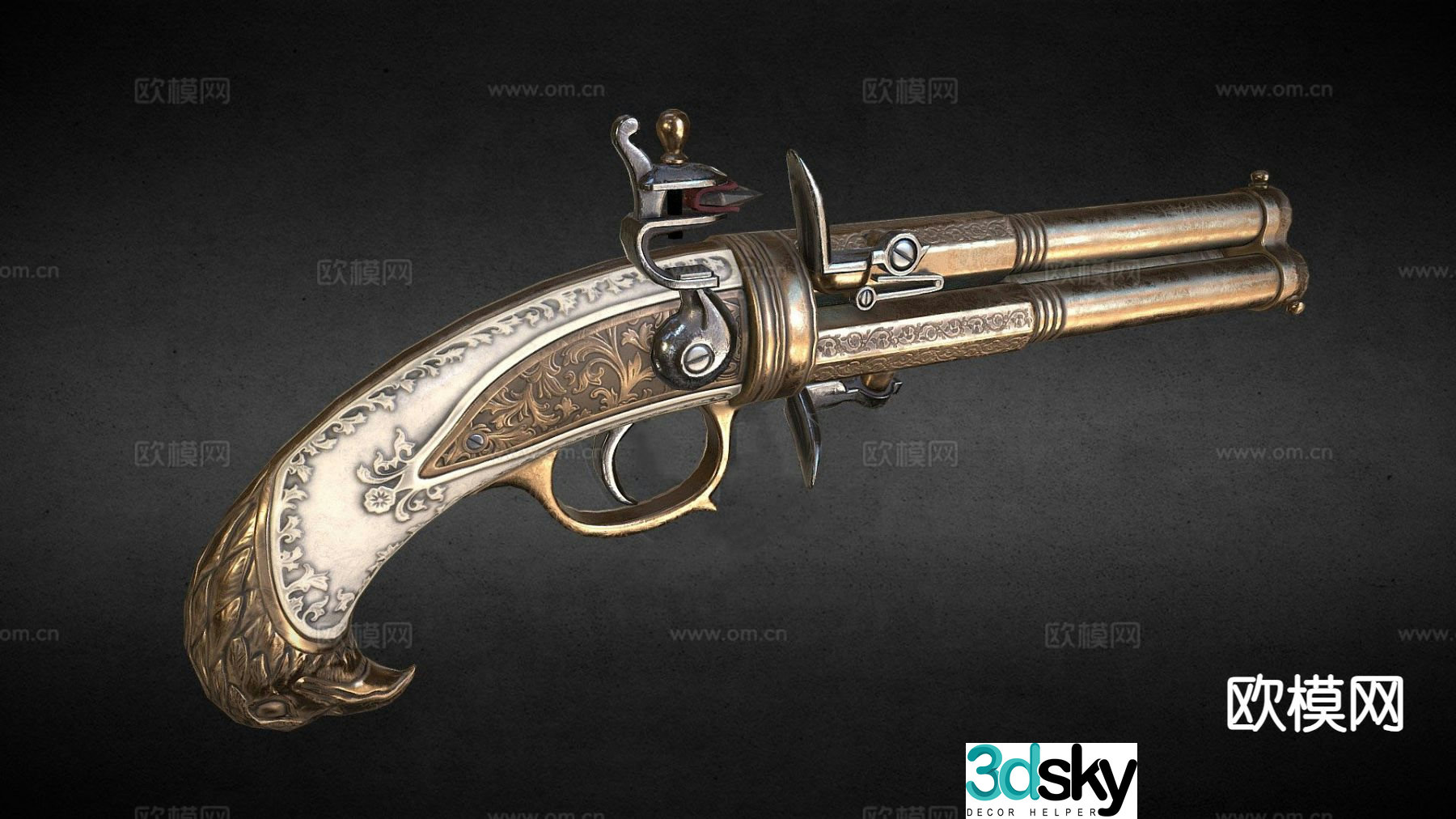 Three barrel flintlock pistol 3d model