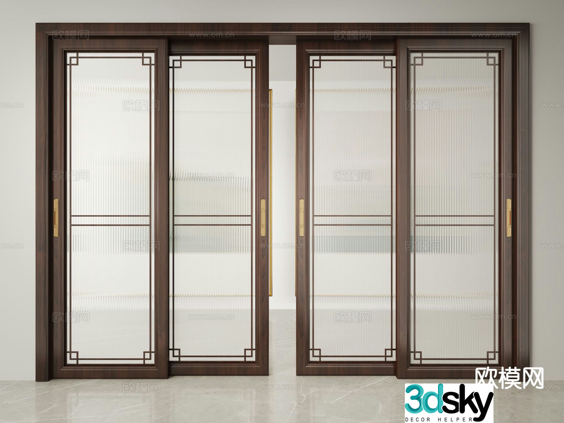 New Chinese style glass door sliding door 3D model