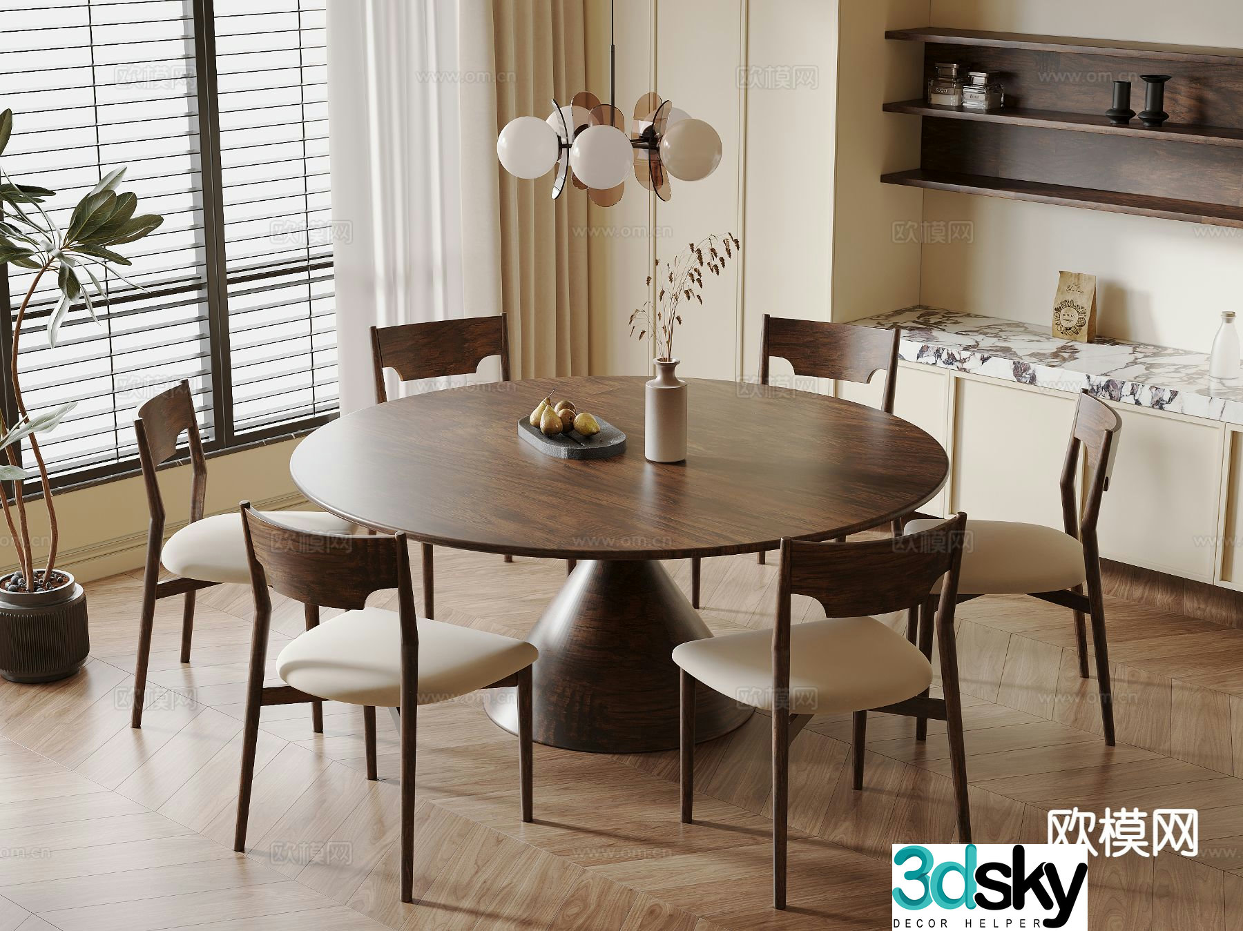 Medieval style dining table and chairs round dining table 3D model