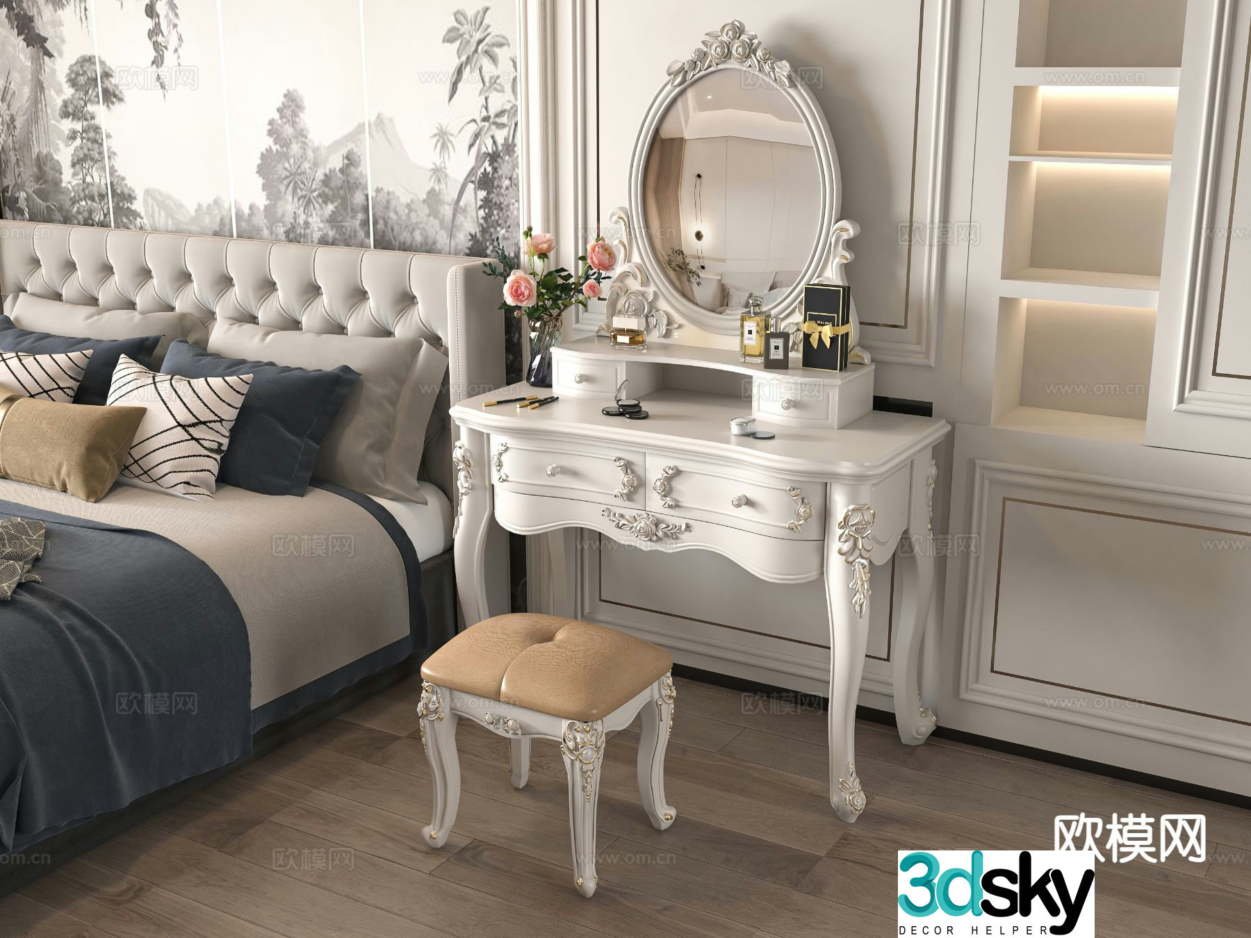 European style dressing table makeup stool 3d model