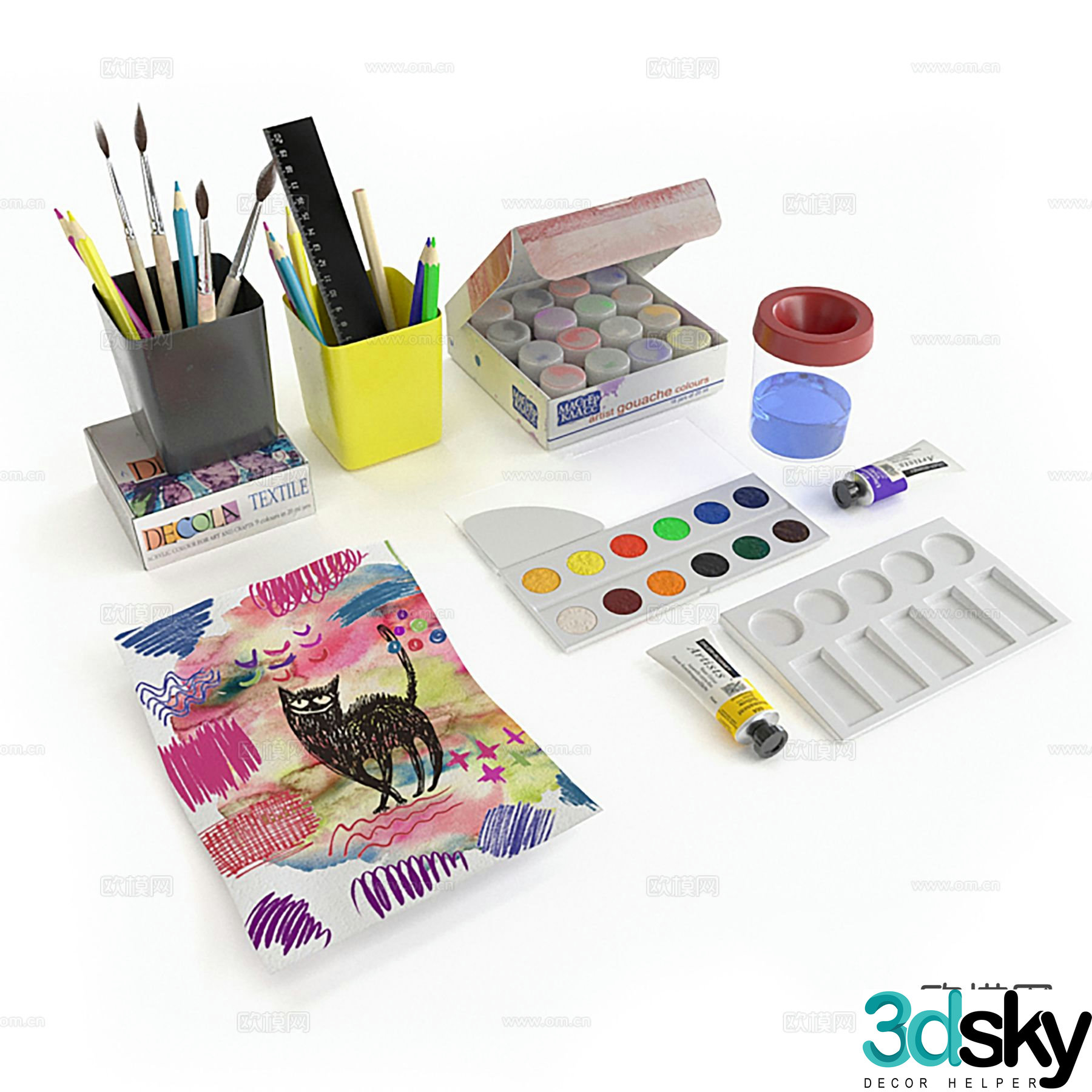 Art supplies brushes picture books paint 3d model