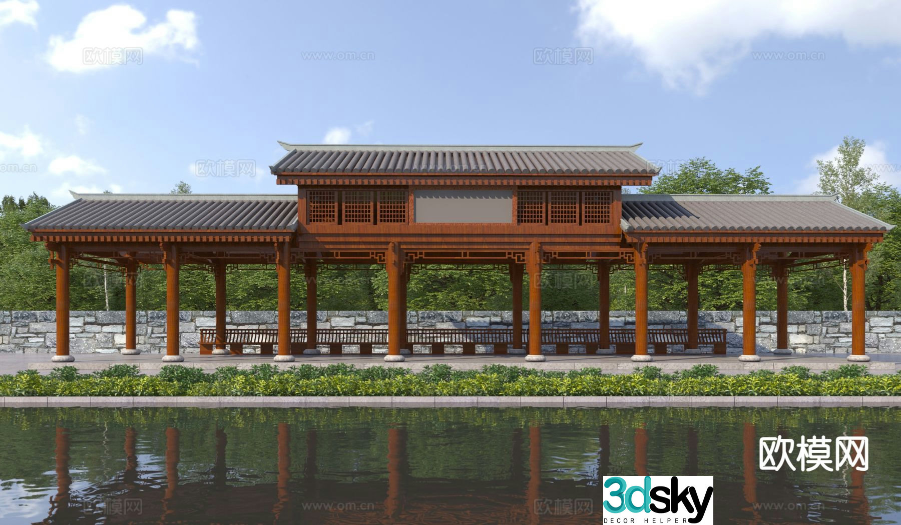 Chinese style landscape pavilion gallery 3D model
