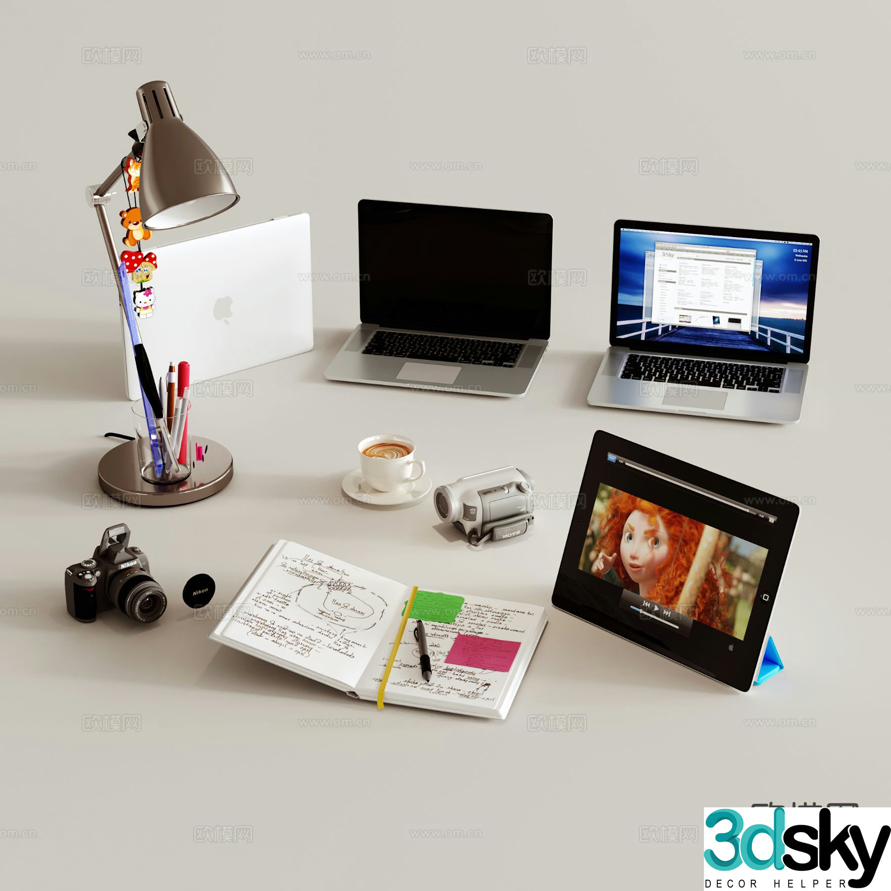 Laptop camera book desk lamp office supplies 3d model