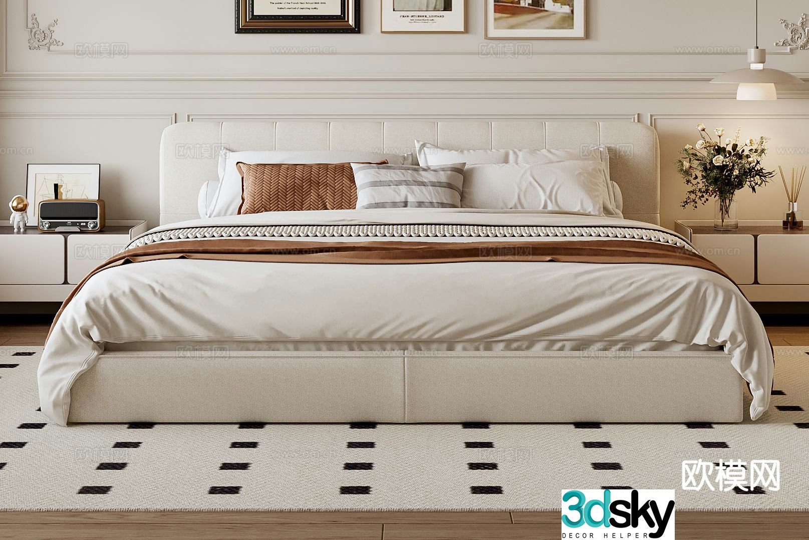 Cream style double bed 3d model