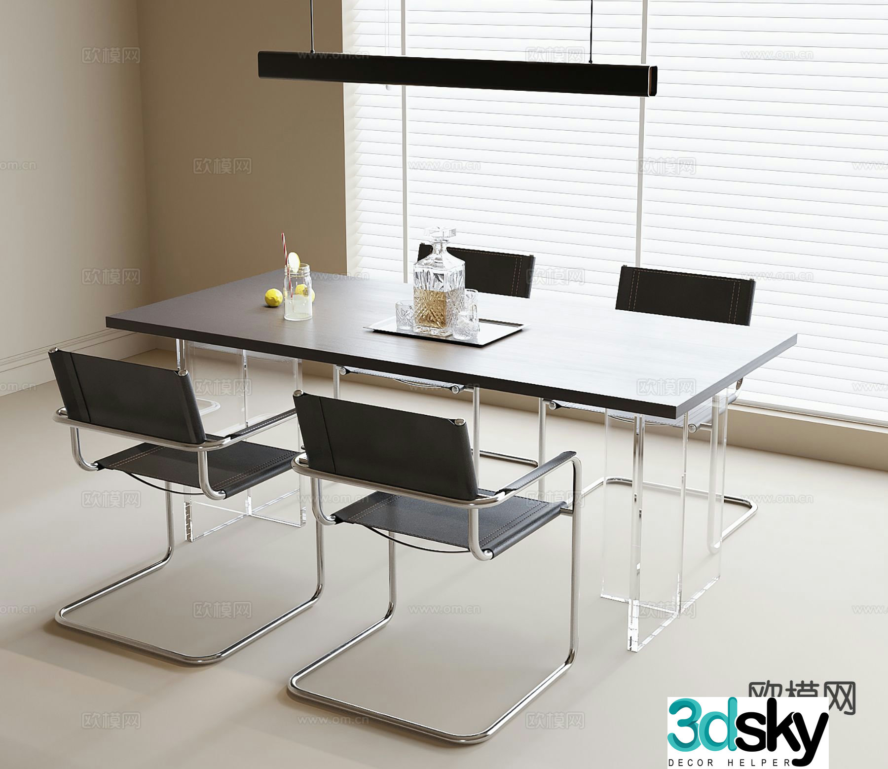 Long dining table and chairs 3d model