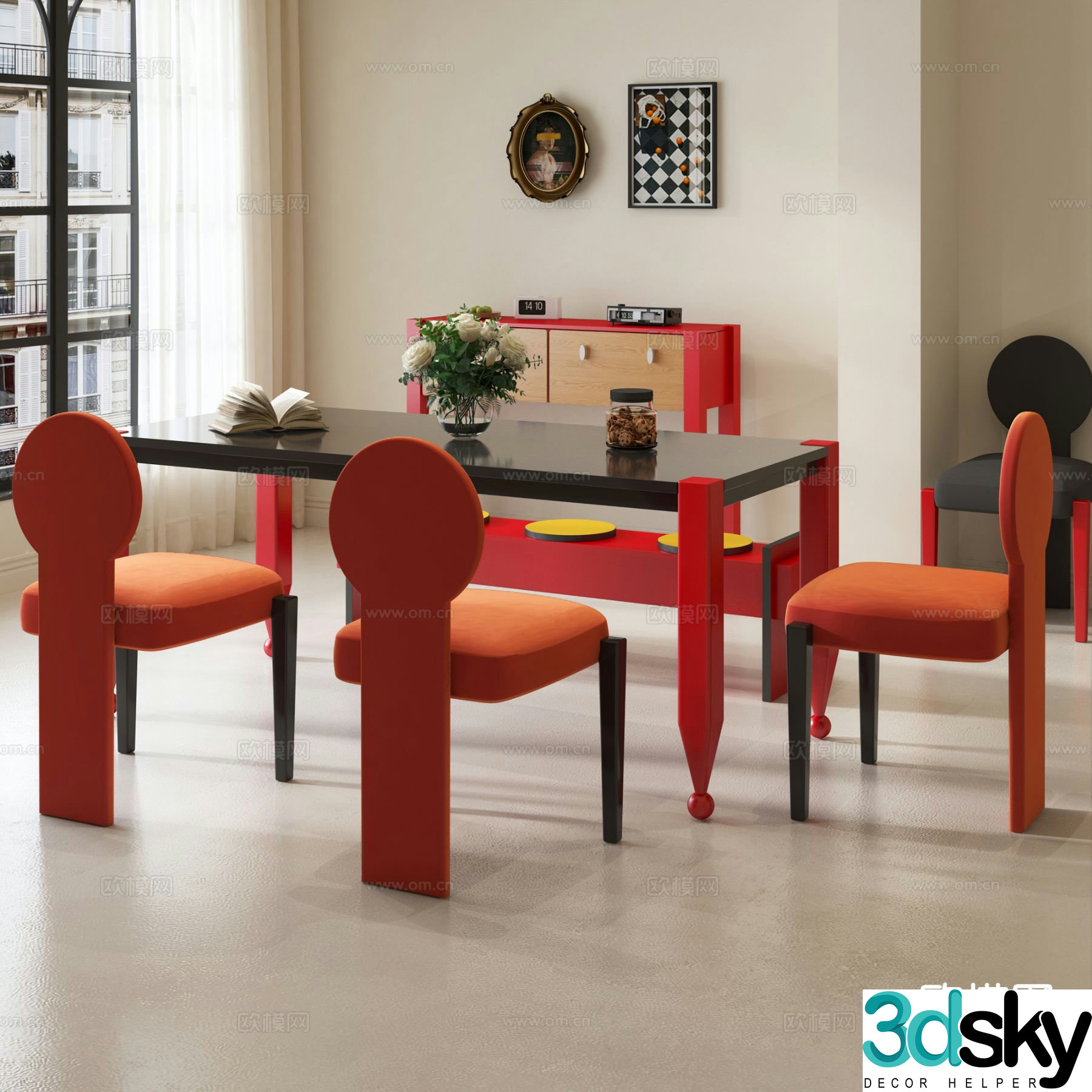 Memphis dining table and chairs long table 3d model