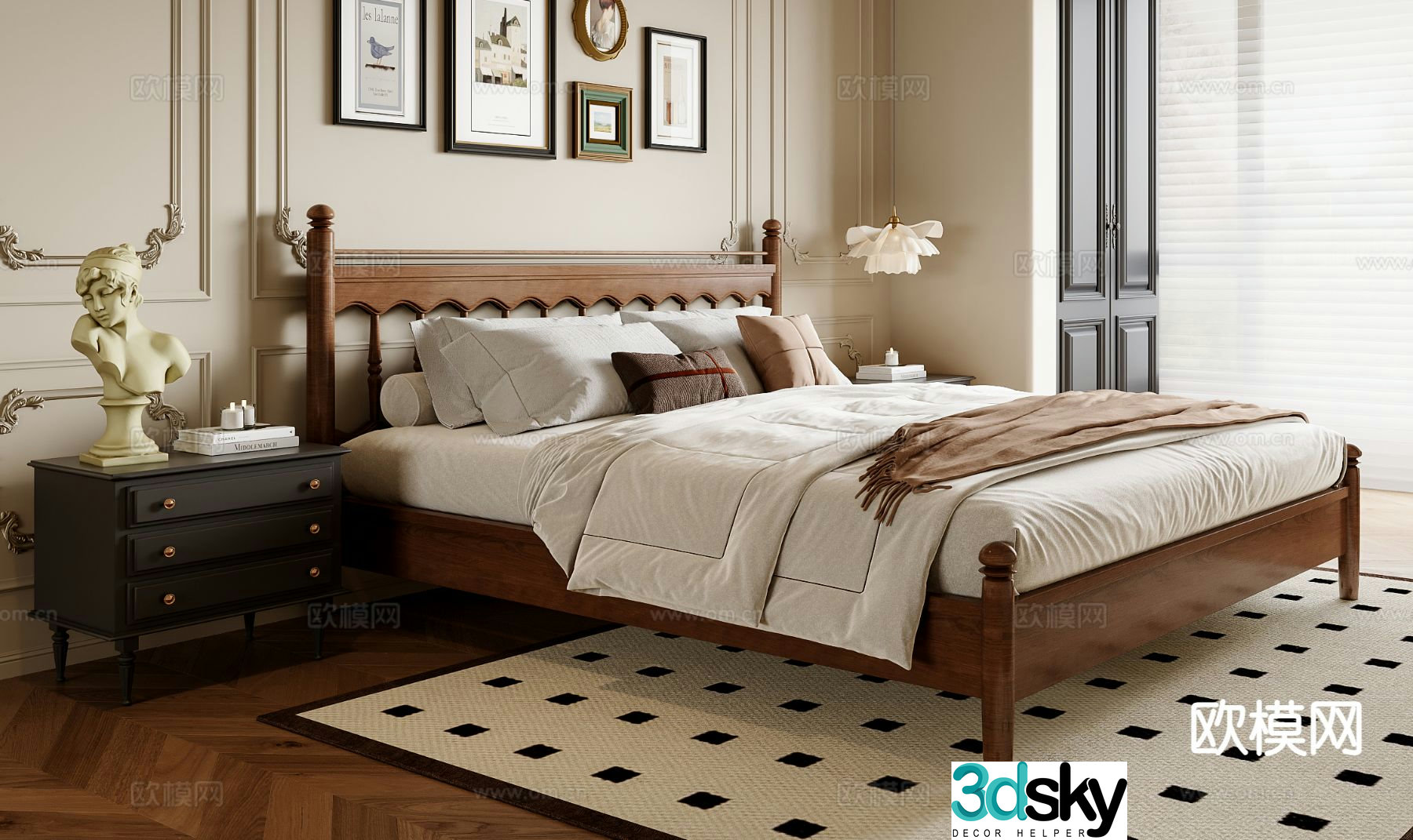 French double bed 3d model