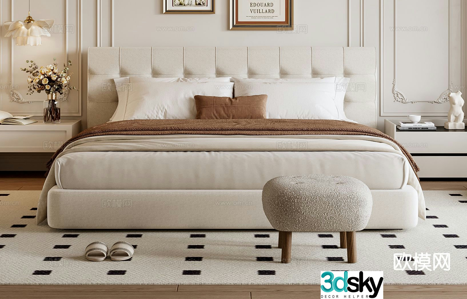Cream style double bed 3d model