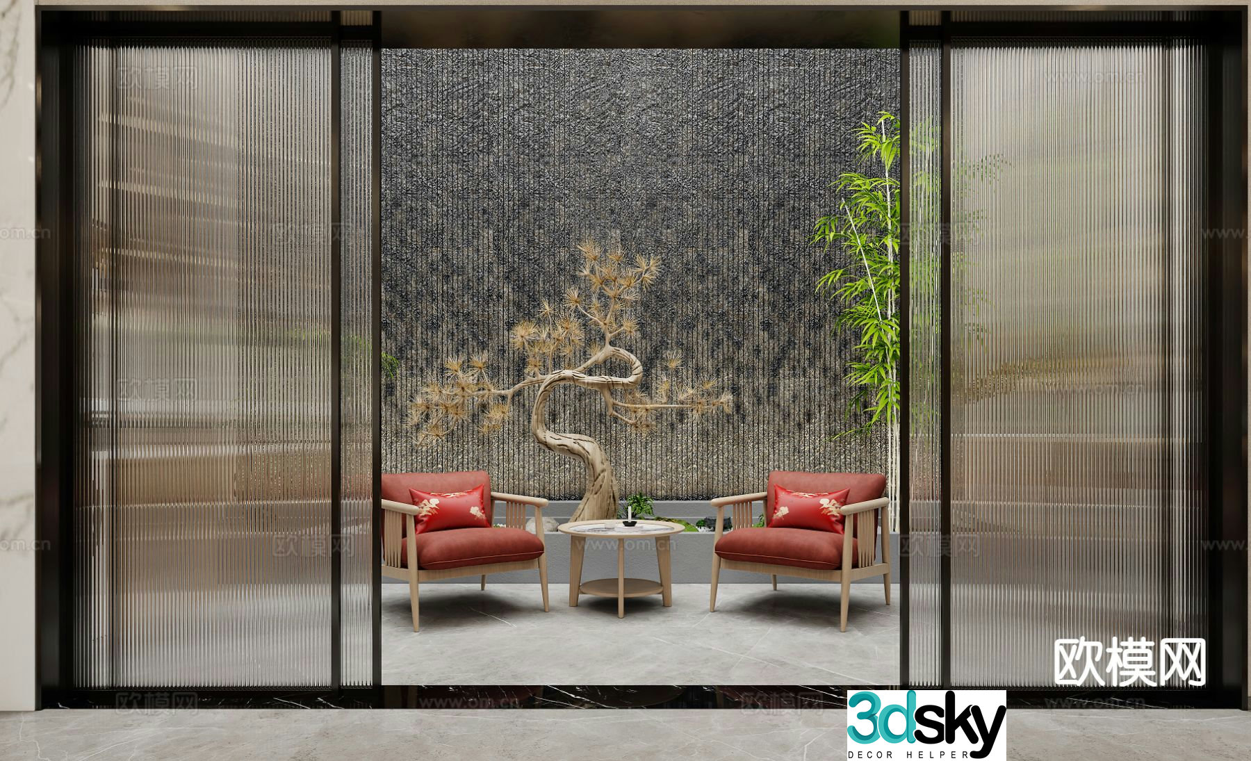 New Chinese style balcony interior landscape 3d model