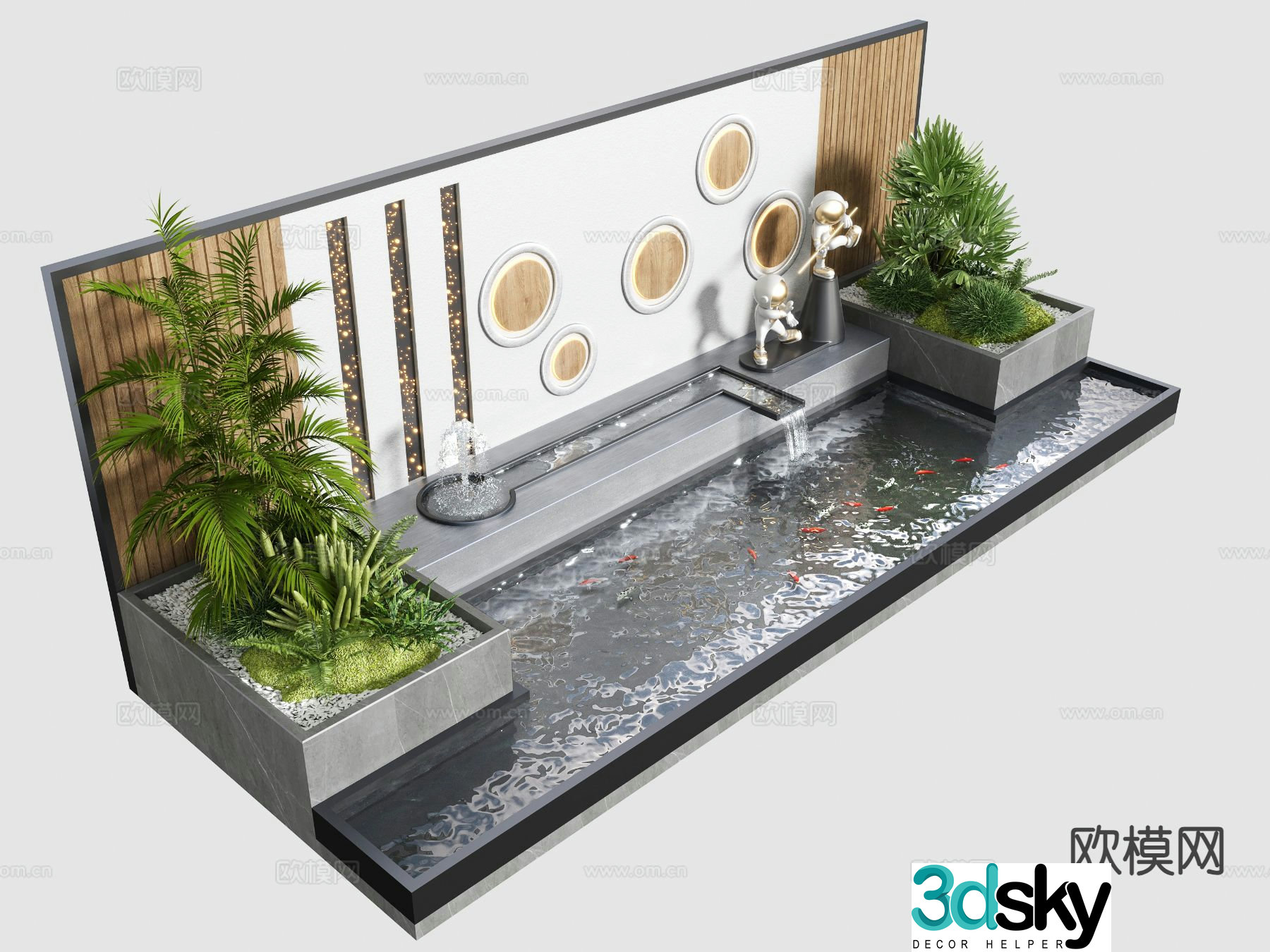 Courtyard fish pond water feature wall fountain 3d model
