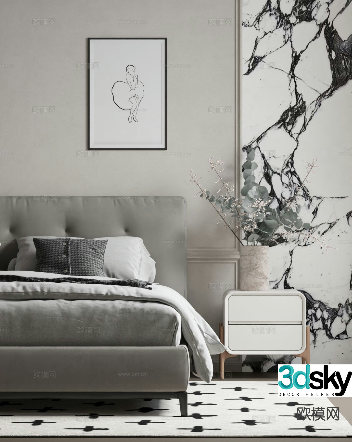 Modern bedside table realistic bedding 3d model