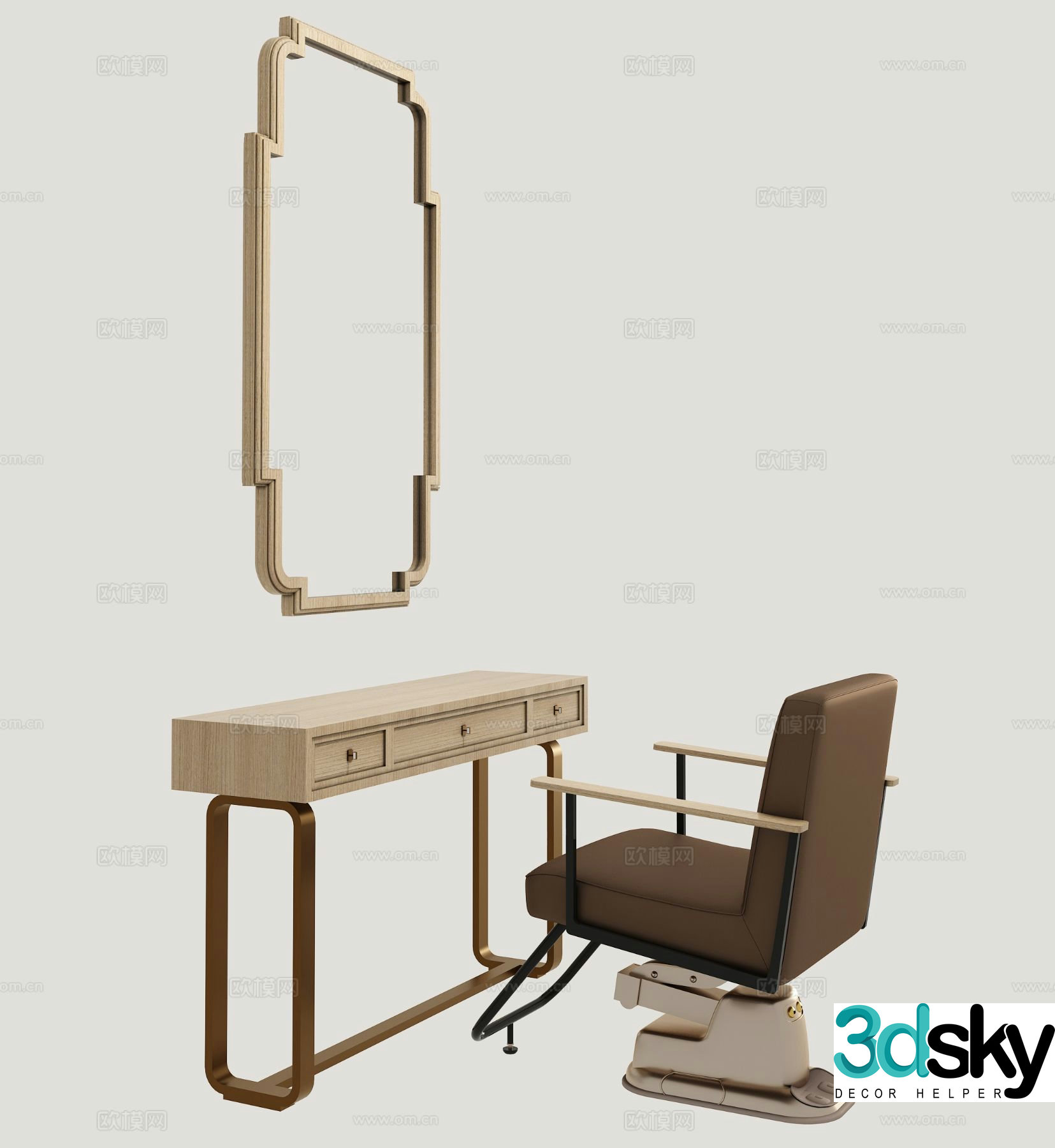 3D model of wood style hair salon table and chairs