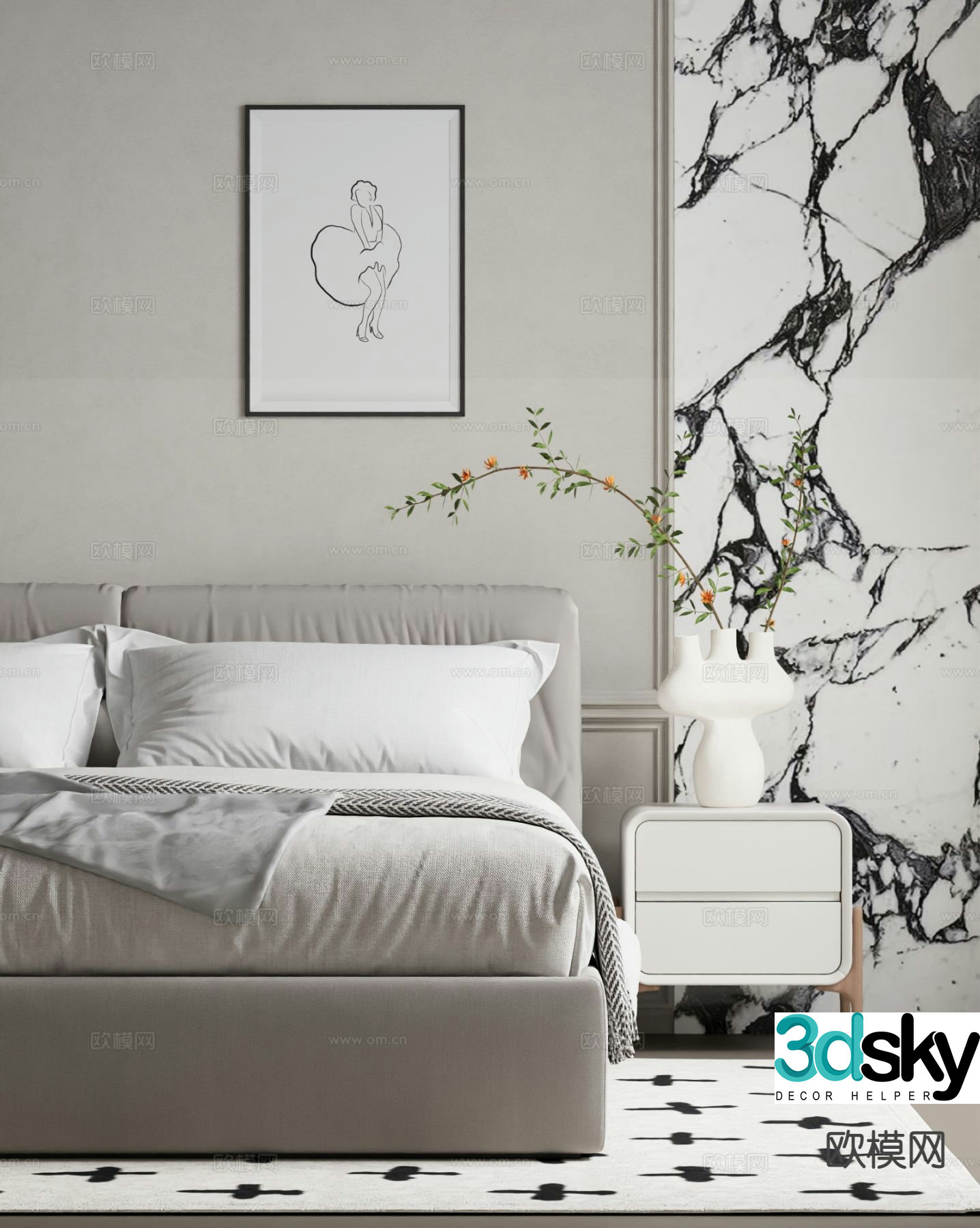 Modern bedside table realistic bedding 3d model