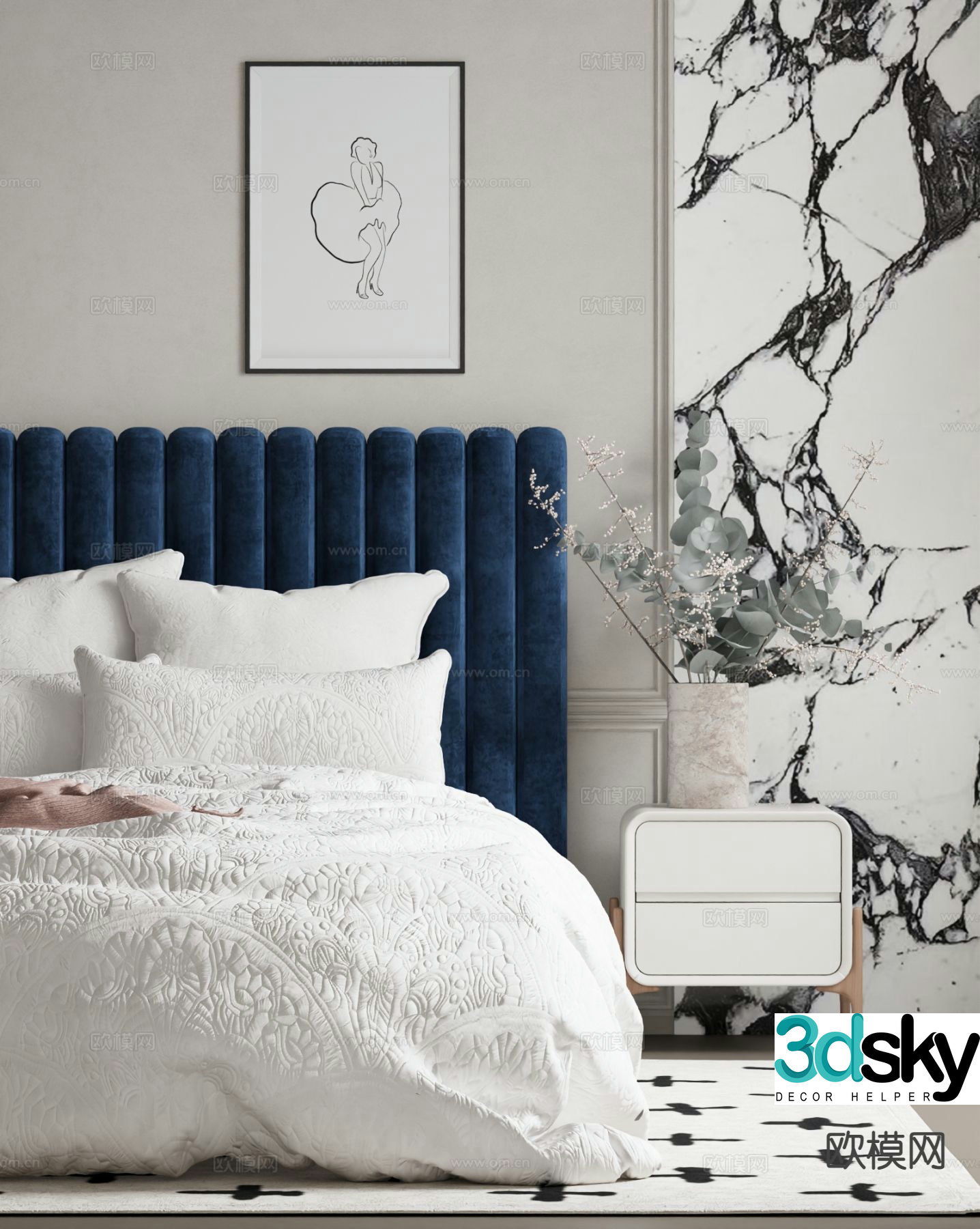 Modern bedside table realistic bedding 3d model