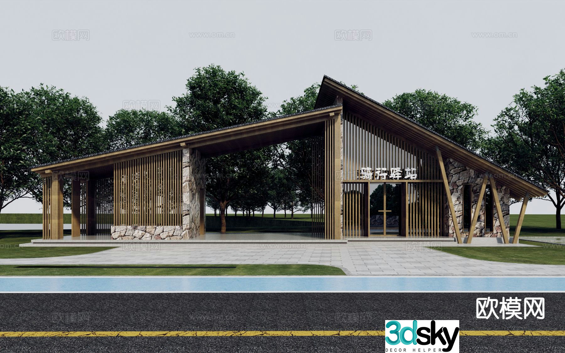 Modern cycling station roadside leisure area 3D model