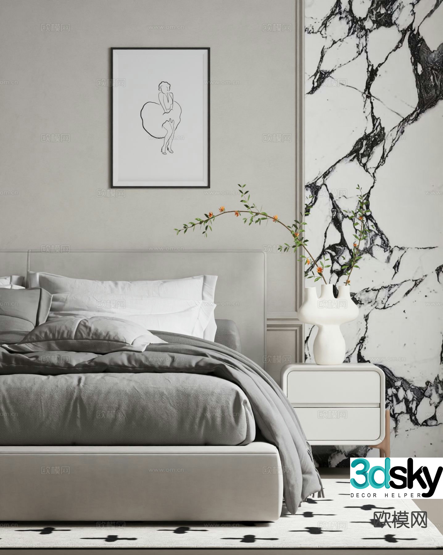 Modern bedside table realistic bedding 3d model