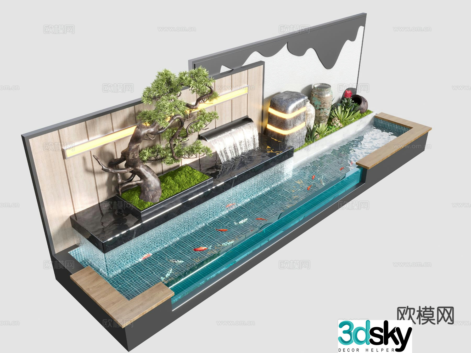 Courtyard fish pond water feature wall welcoming pine 3D model