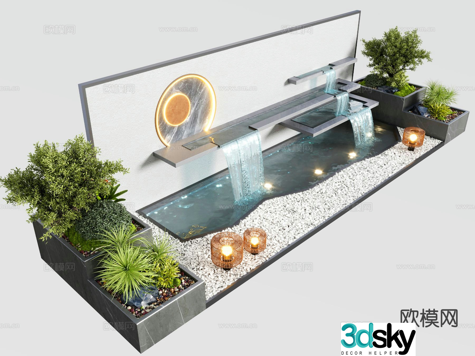 Courtyard fish pond water feature wall falling water landscape 3D model