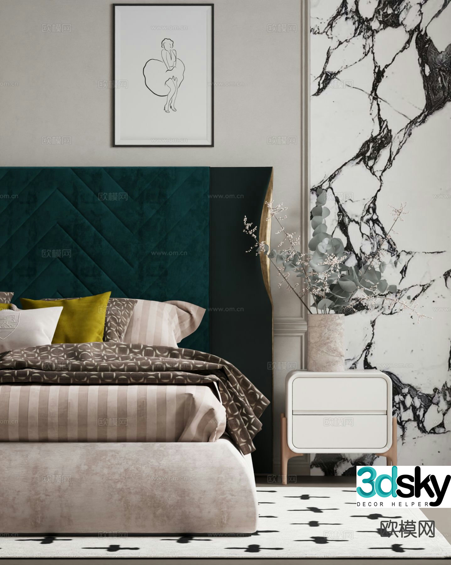 Modern bedside table realistic bedding 3d model