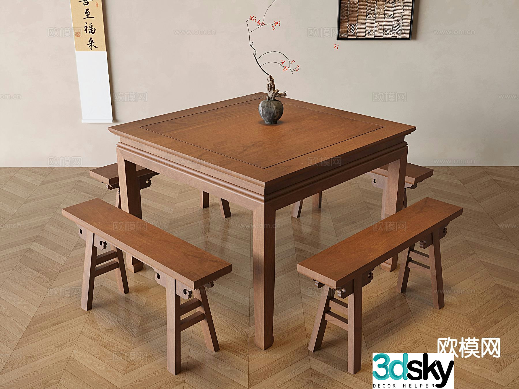 Chinese dining table and chairs Eight Immortals table 3D model