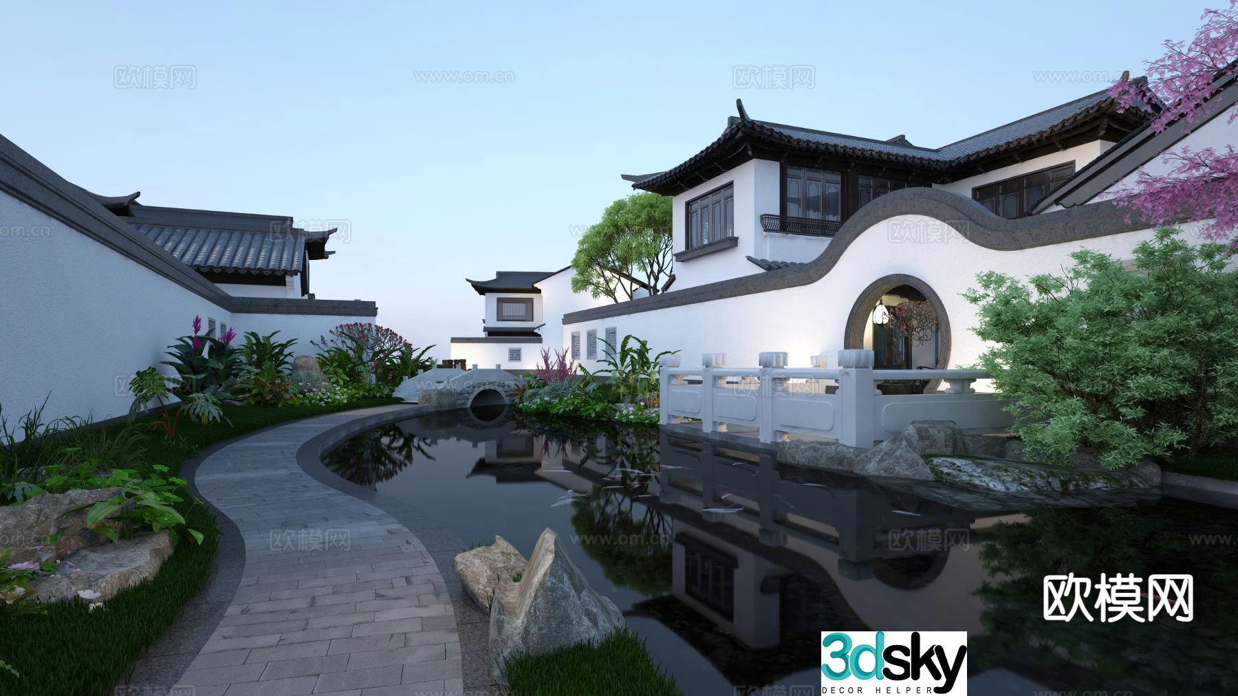 Chinese courtyard waterscape small bridge flowing water 3D model