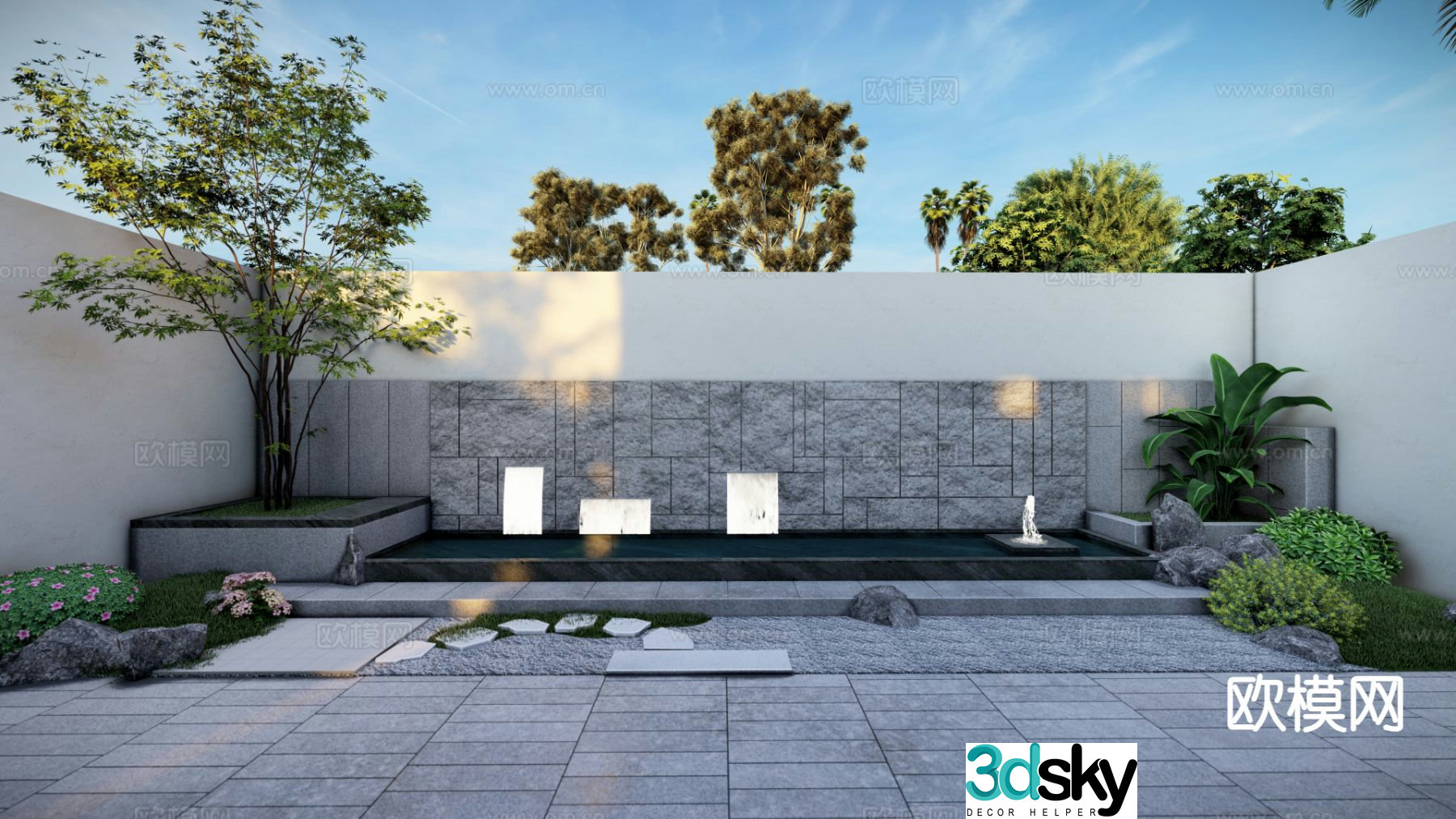 Japanese Zen courtyard stacked water feature wall 3D model