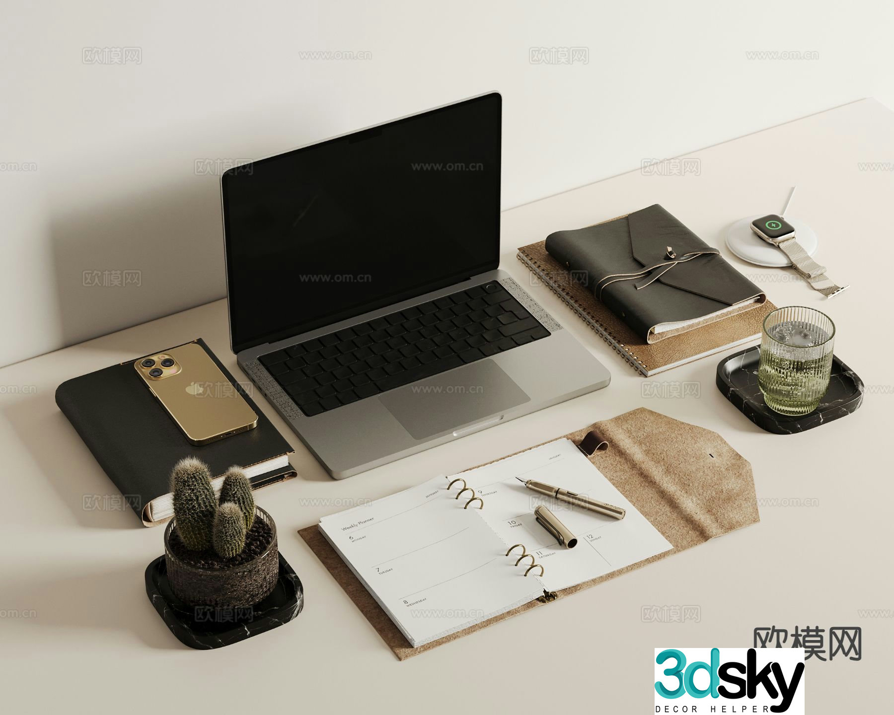 Office supplies desktop accessories mobile phones computers books 3D model