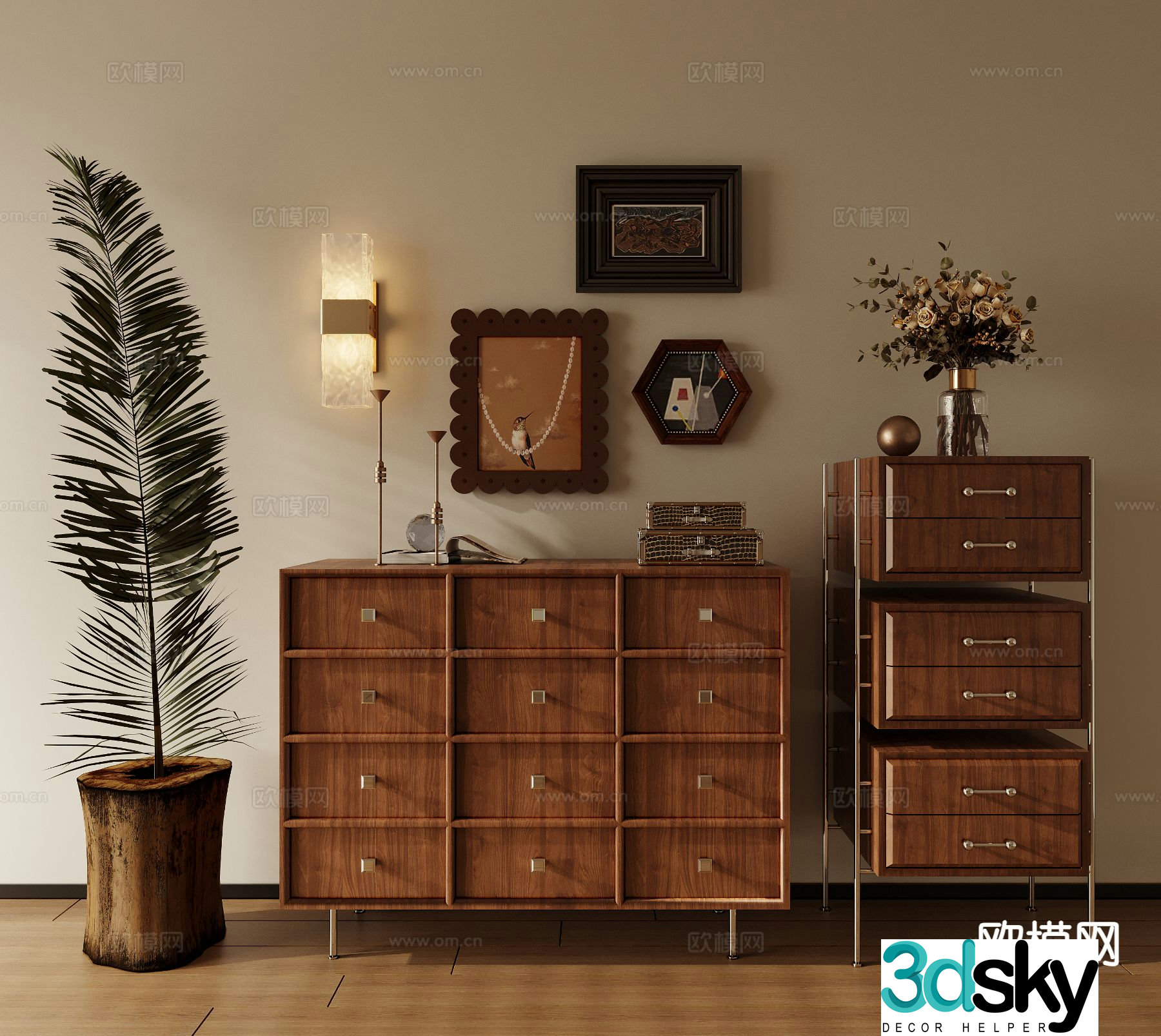 Middle-aged style chest of drawers side cabinet 3D model