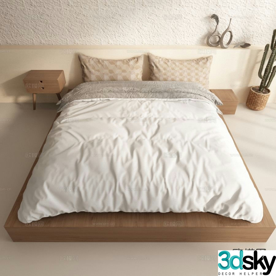 Wabi-sabi style double bed 3d model