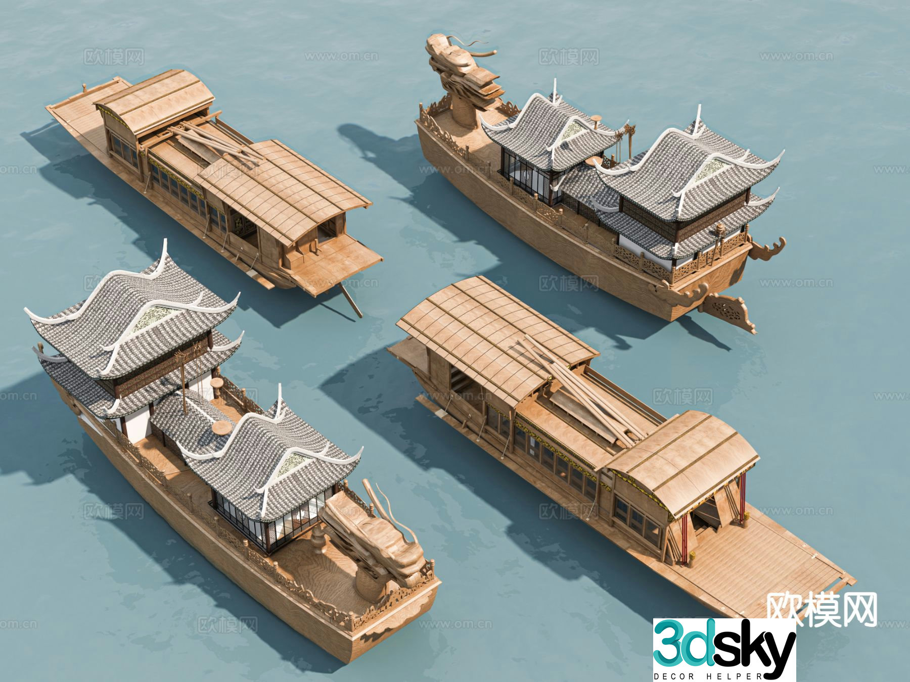 Chinese-style boat, wooden boat, ancient boat, sightseeing boat 3d model