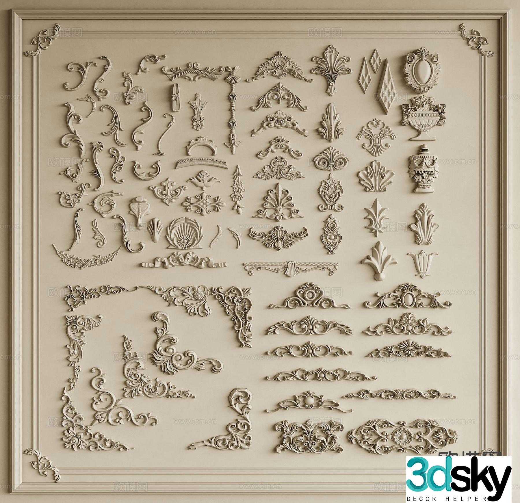 French carved components corner flowers top flowers 3D model