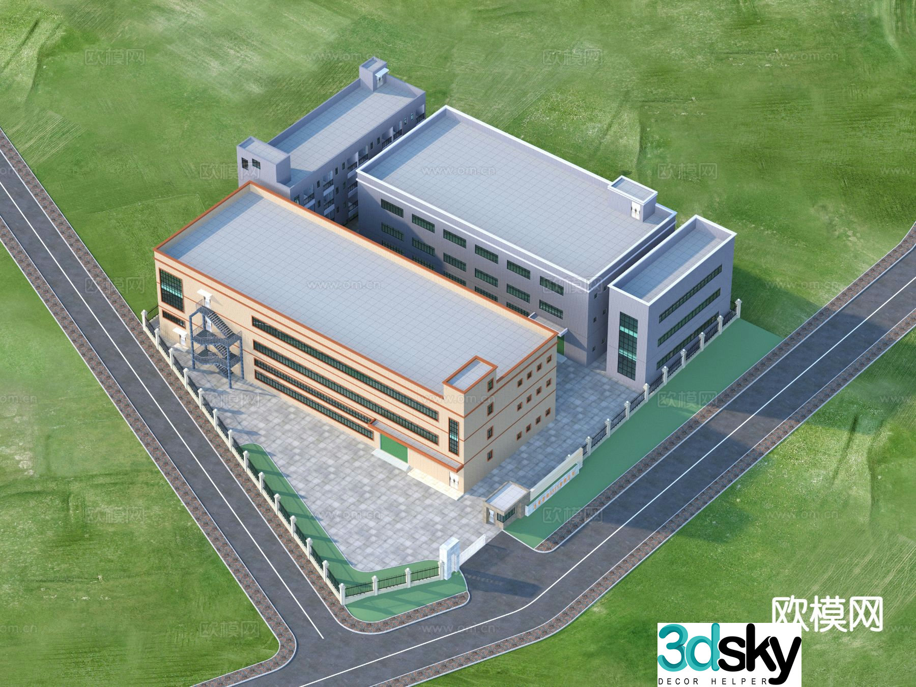 Factory dormitory single building aerial view 3d model