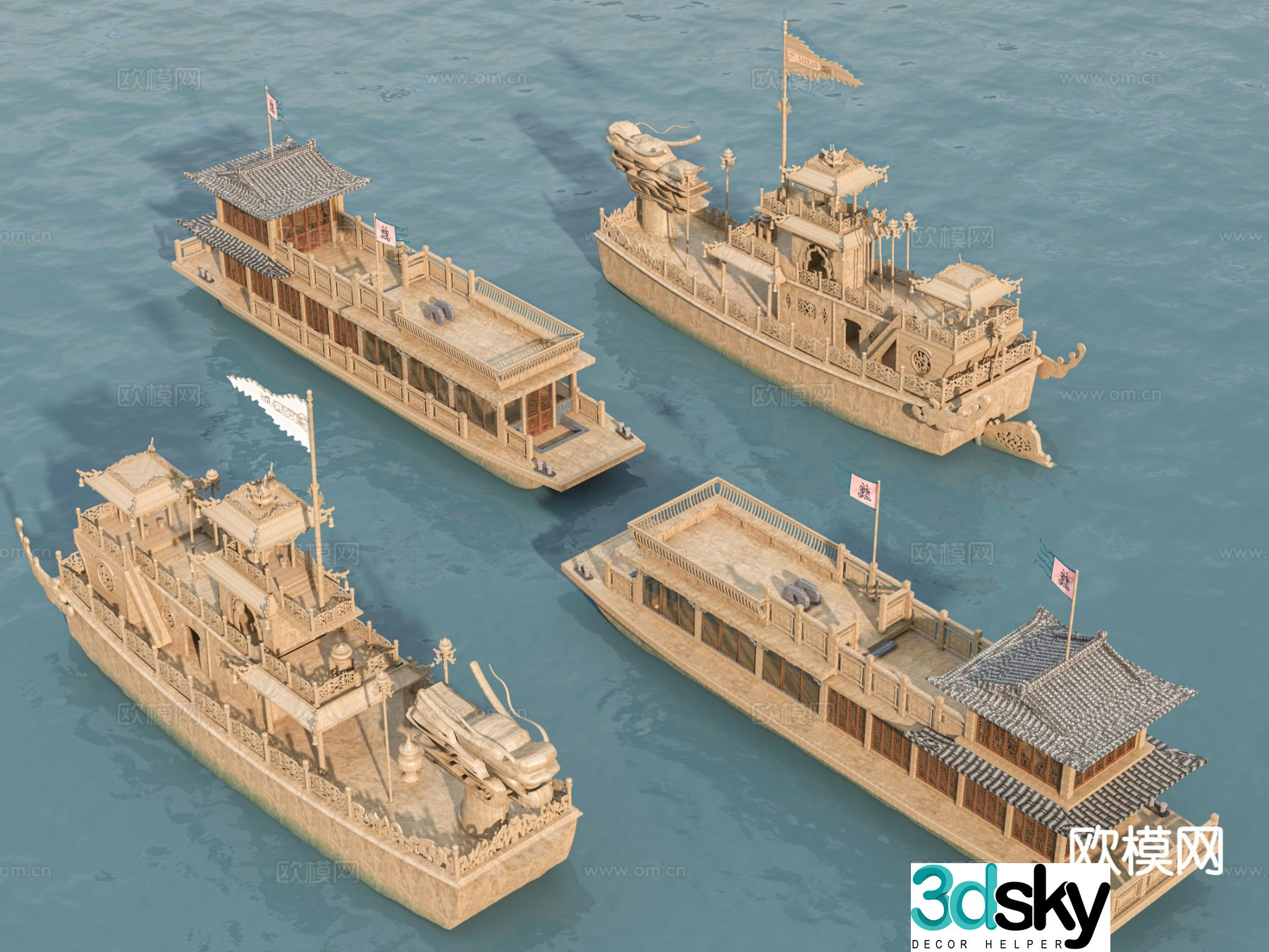 Chinese-style boat, wooden boat, ancient boat, sightseeing boat 3d model