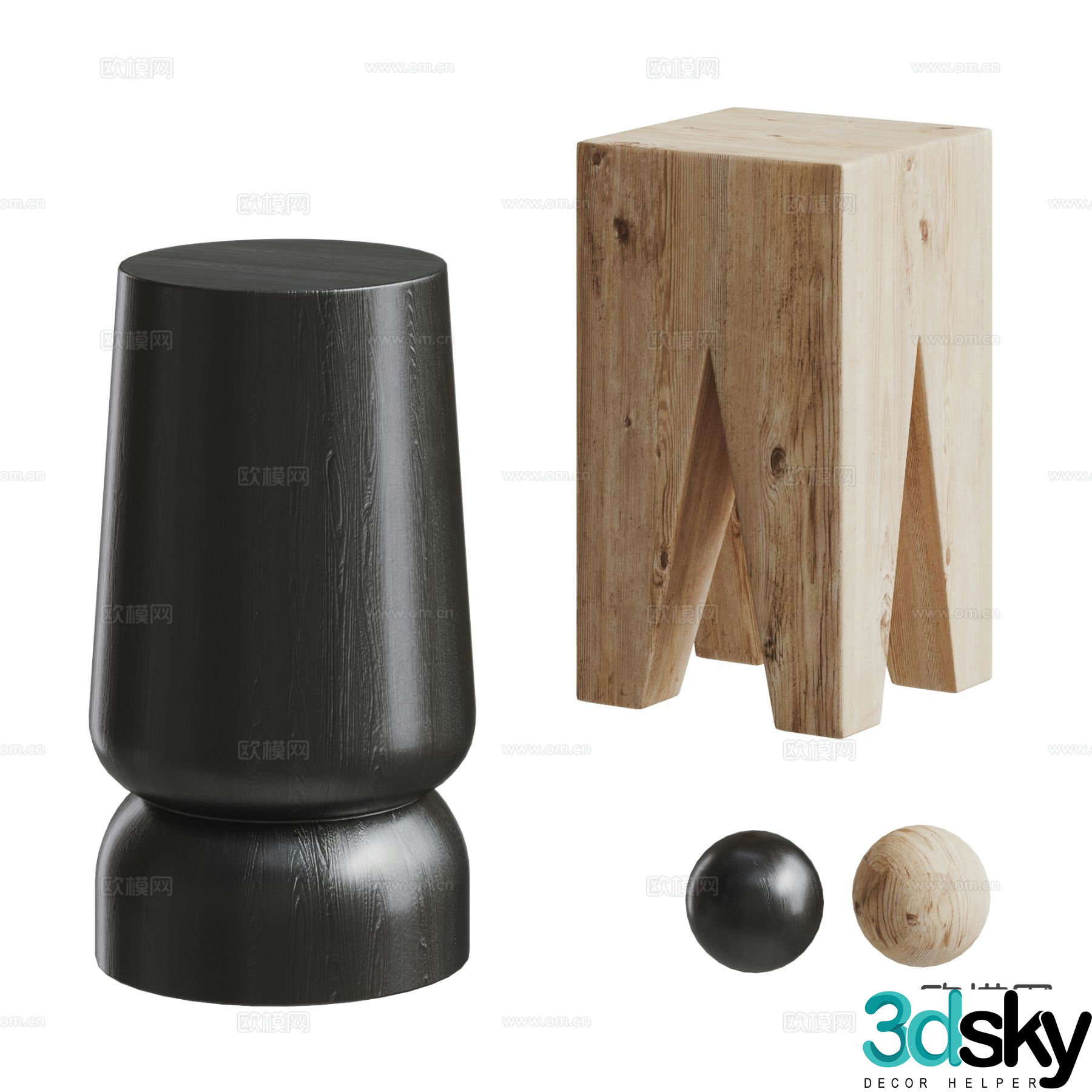 Solid wood stool low stool round table 3D model